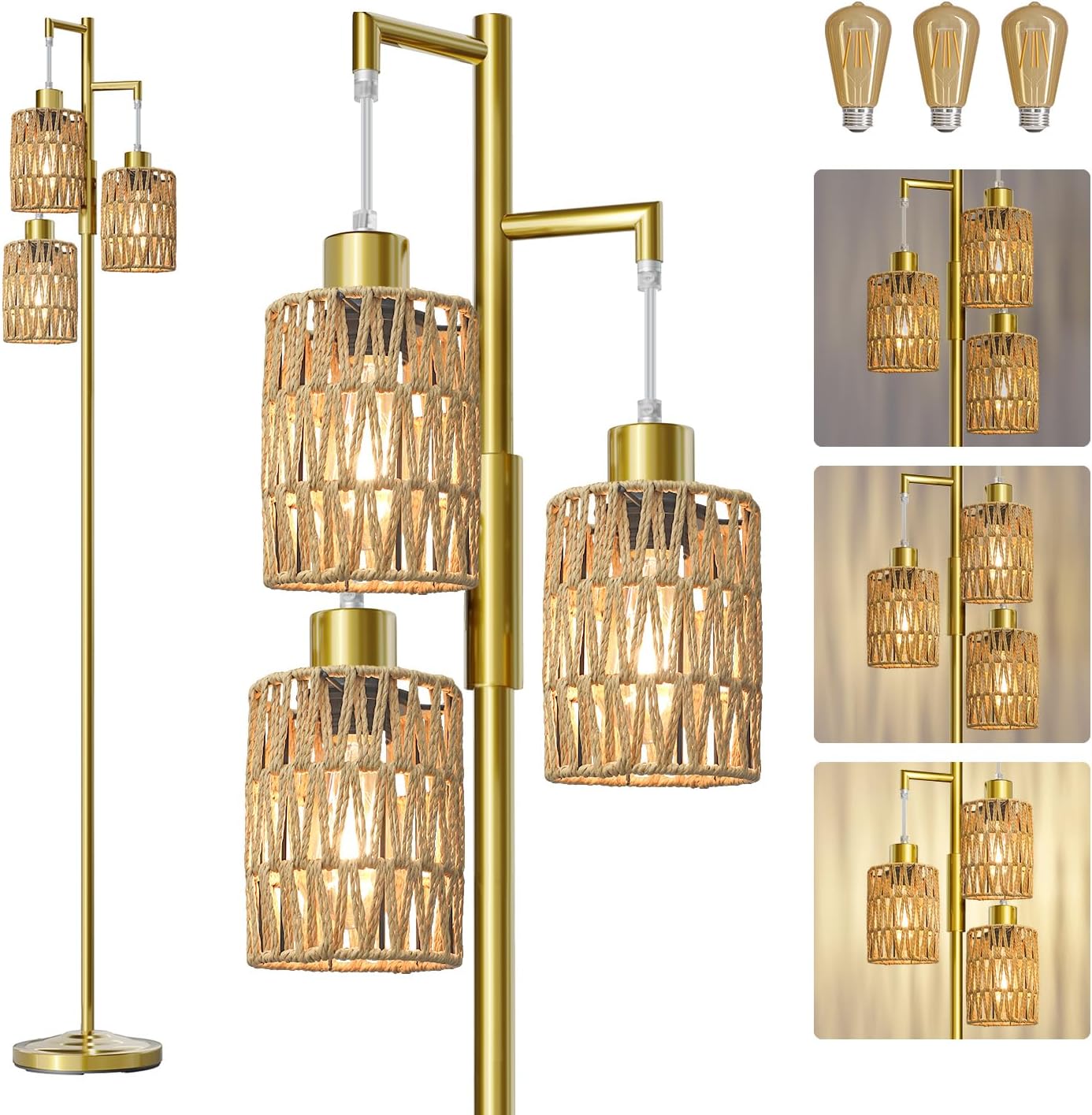 70" Floor Lamps for Living Room, Stepless Dimmable Boho Floor Lamp with 3 Bulbs, Tall Farmhouse Industrial Corner Standing Tree Lamp for Bedroom, Office, Study Room, Dining Room, Gold