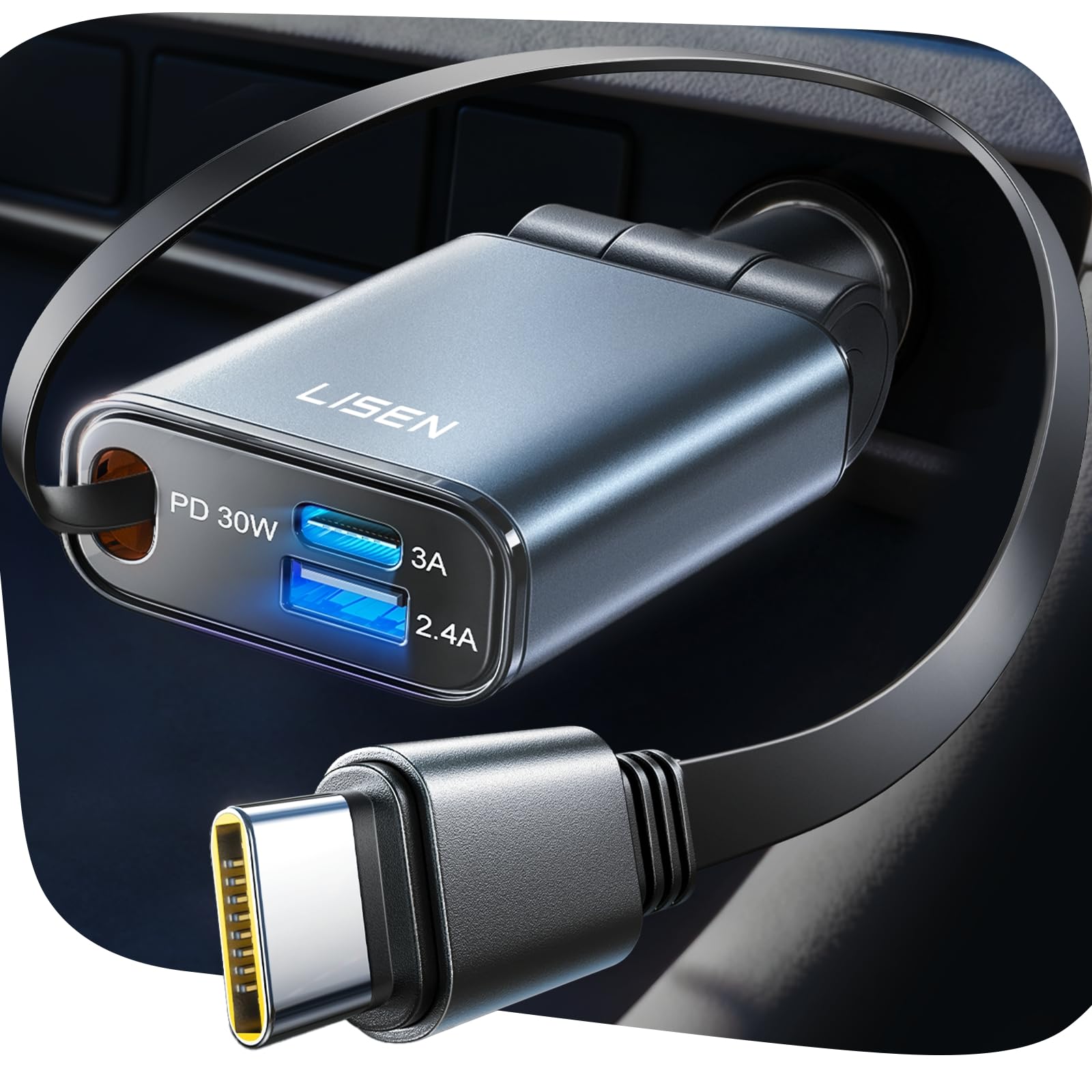 LISEN Car Charger, Cigarette Lighter Socket, USB-C PD30W, Retractable Charging Cable, Total 57 W, 3 in 1 Connector Socket, USB Rapid Charging, Car Charger, Type C, Car Accessories, Official Car Goods