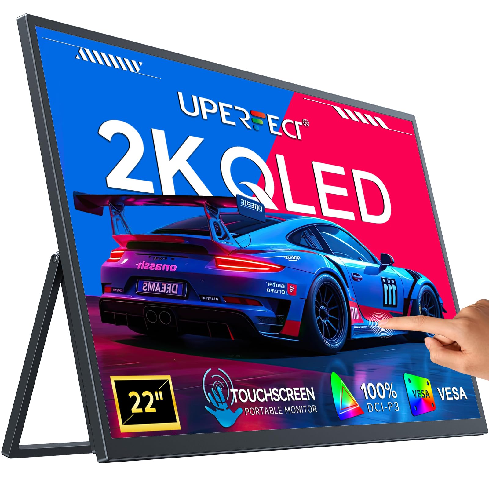 UPERFECT Portable Monitor Touchscreen 2K QLED, 22" Gaming Monitor w/VESA & 180° Adjustable Stand, 2560×1440 QHD FreeSync HDR, 100% DCI-P3, USB-C HDMI Travel Second Monitor for Laptop, PC, Game Console