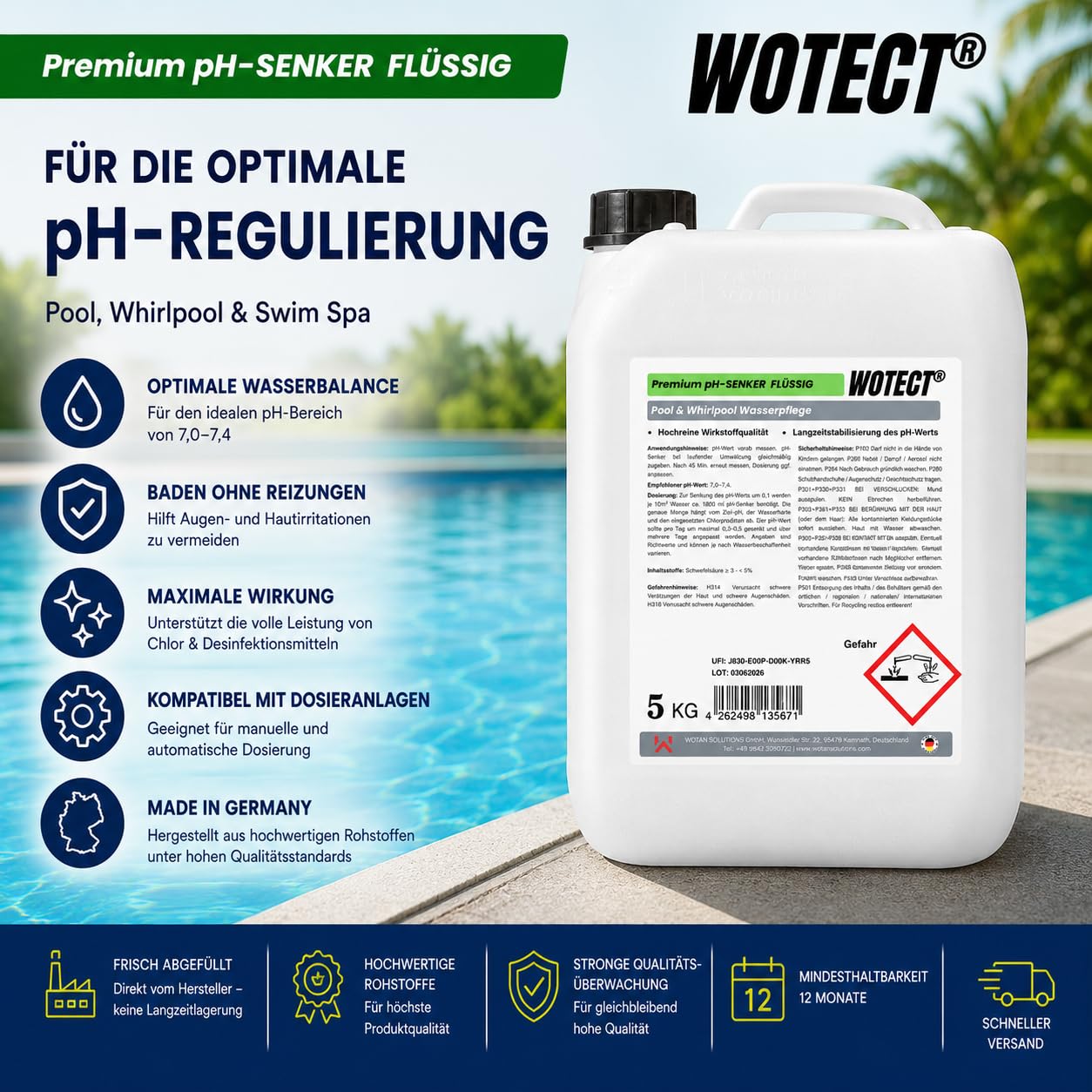 WOTECT® Premium pH-Senker Flüssig 20L – Professionelle Pool & Whirlpool Wasserpflege – pH-Minus Regulator für Schwimmbad & Dosieranlagen – Made in Germany