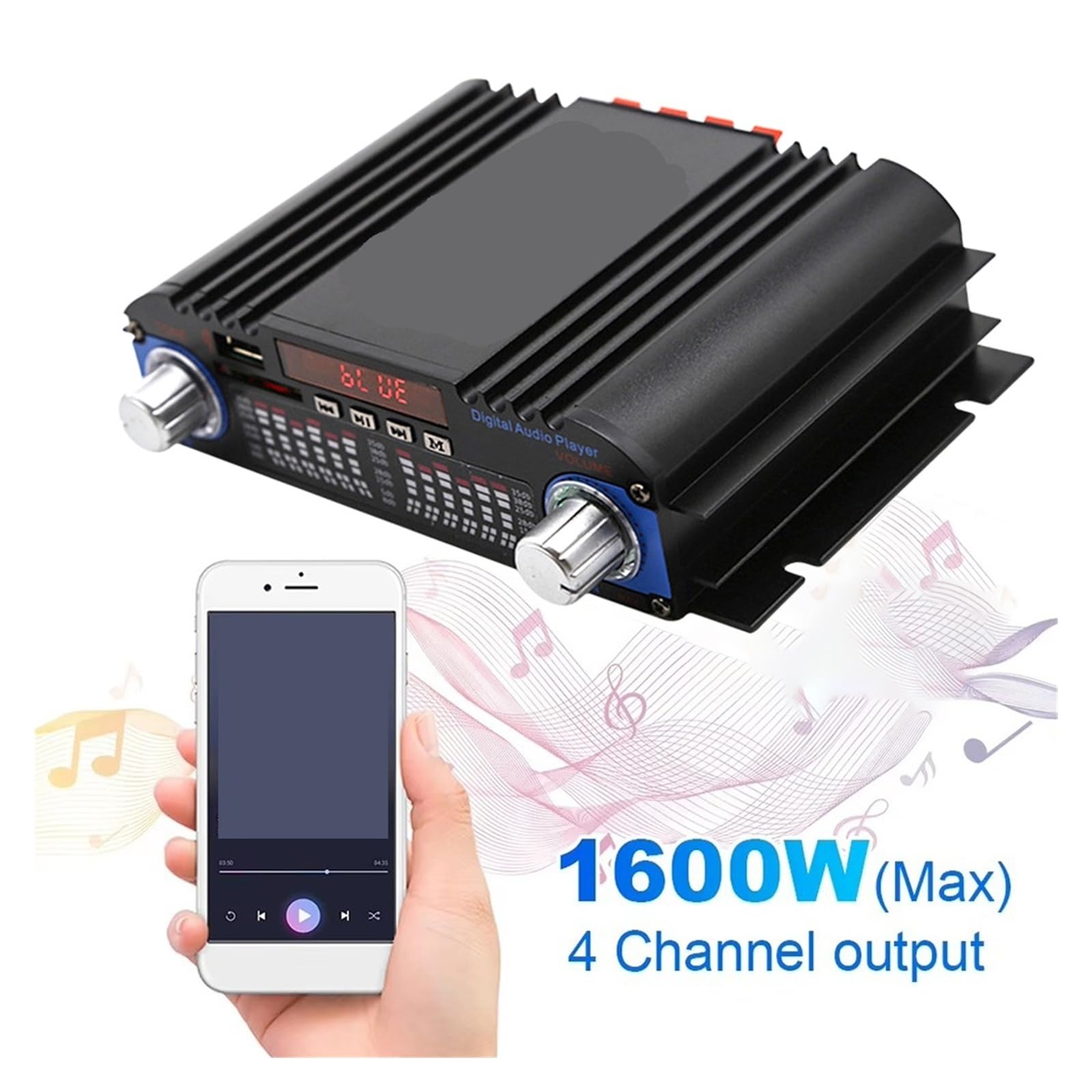 Wzmacniacz dźwięku HiFi o mocy szczytowej 1600 W Cyfrowy wzmacniacz 4-kanałowy Odtwarzacz Bluetooth Radio FM Do kina domowego