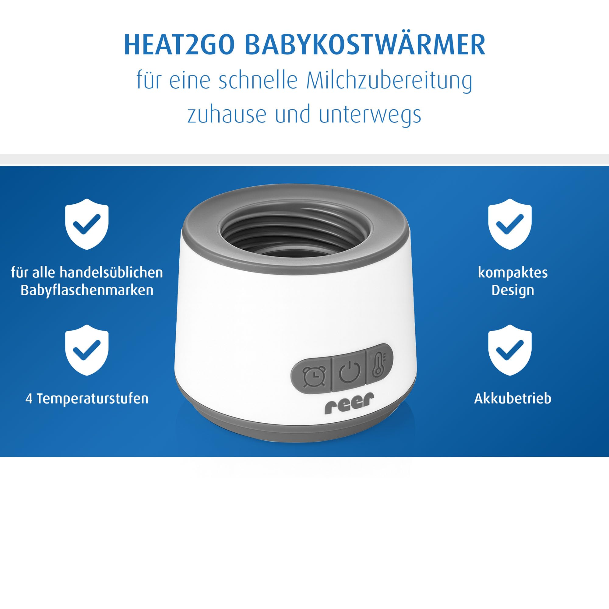reer Flaschenwärmer Baby unterwegs mit Akku - Heat2Go - mobiler Baby Flaschenwärmer, Babykostwärmer, Fläschchenwärmer - 4 Heizstufen, USB-C, Adapterset, Fläschchenwärmer to go - leicht zu reinigen
