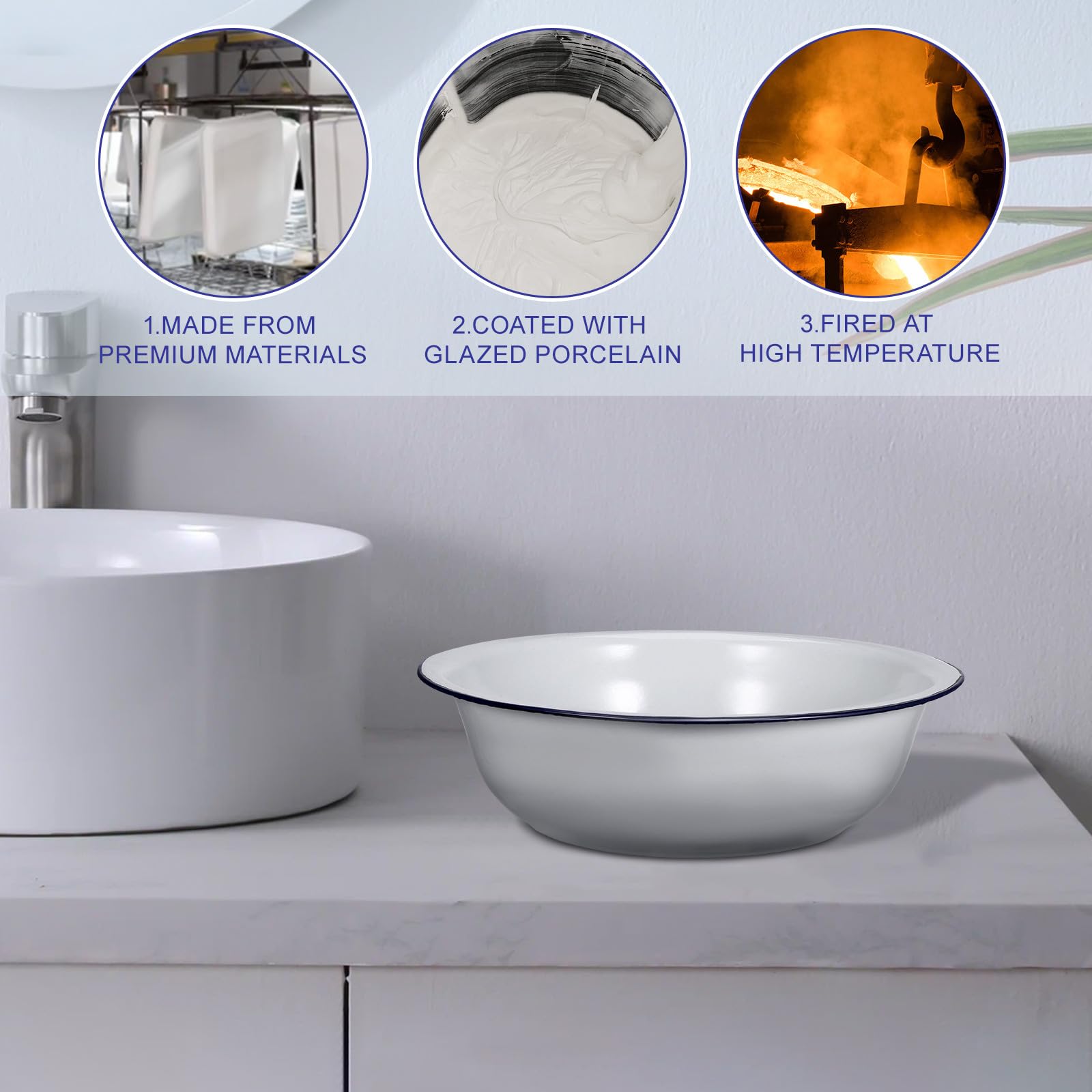 Bain de Pieds en Émail Rétro 30 Cm Bassin de Trempage Blanc Bord Bleu Multifonction pour Bain Pédicure et Lavage du Visage Pieds Solide et Facile à Nettoyer