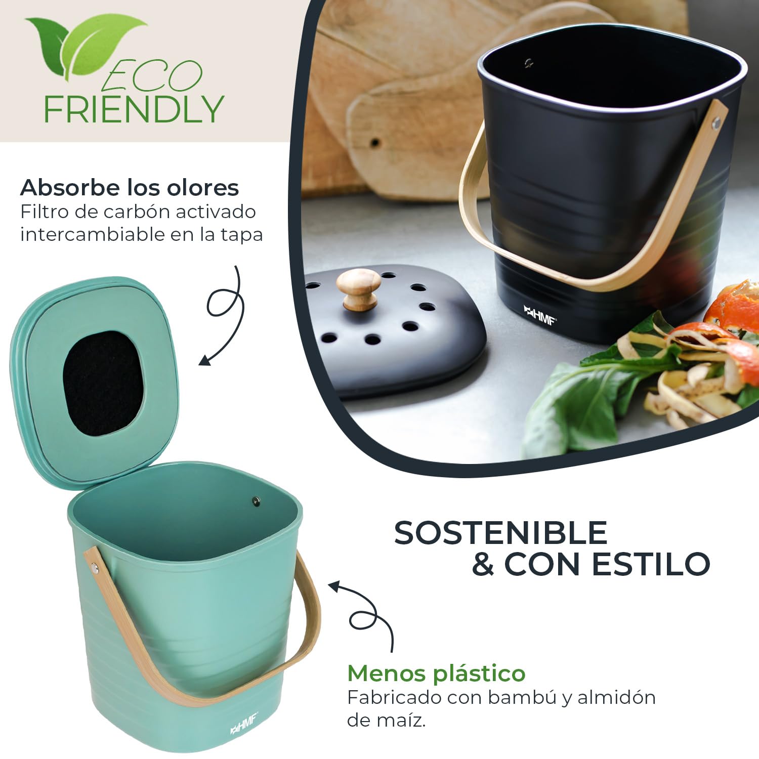HMF Cubo de basura orgánico sostenible para cocina, a prueba de olores, con tapa, 3 litros, verde (3780-3L-06)