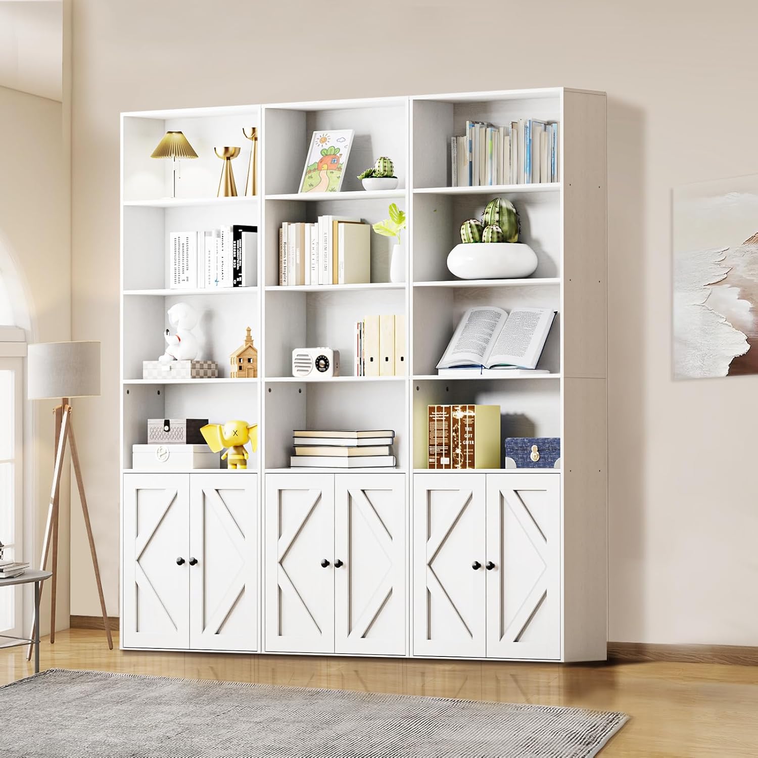 Bookshelf, 6-Tier Floor Bookcase with 2 Bottom Doors, 9.29"x23.62"x70.86", Storage Cabinet Bookshelves for Home Office, Living Room, Bedroom-White