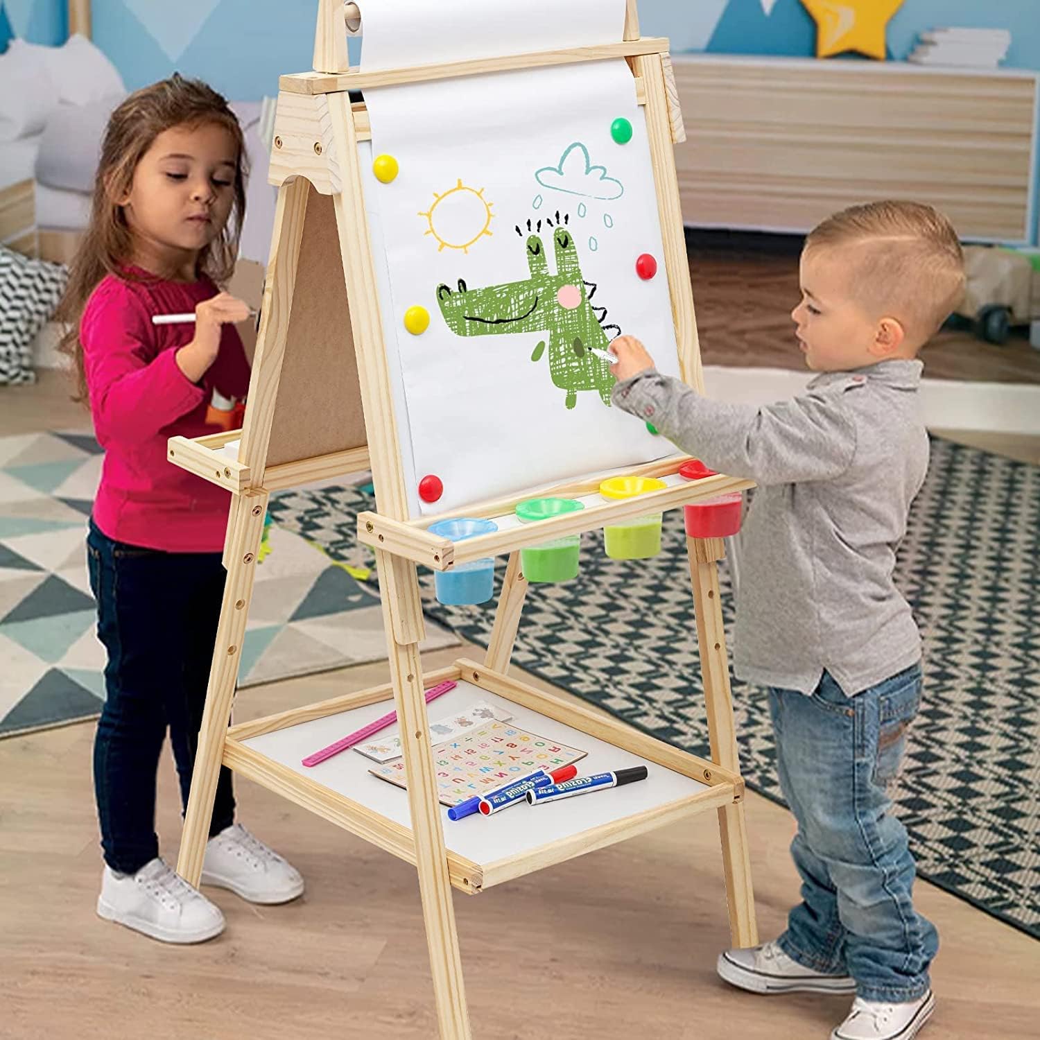 Cavalletto per bambini Tavola da gioco in legno per bambini Tavola in legno per bambini con rotolo di carta Lavagna bianca e lavagna a doppia faccia Cavalletto per bambini