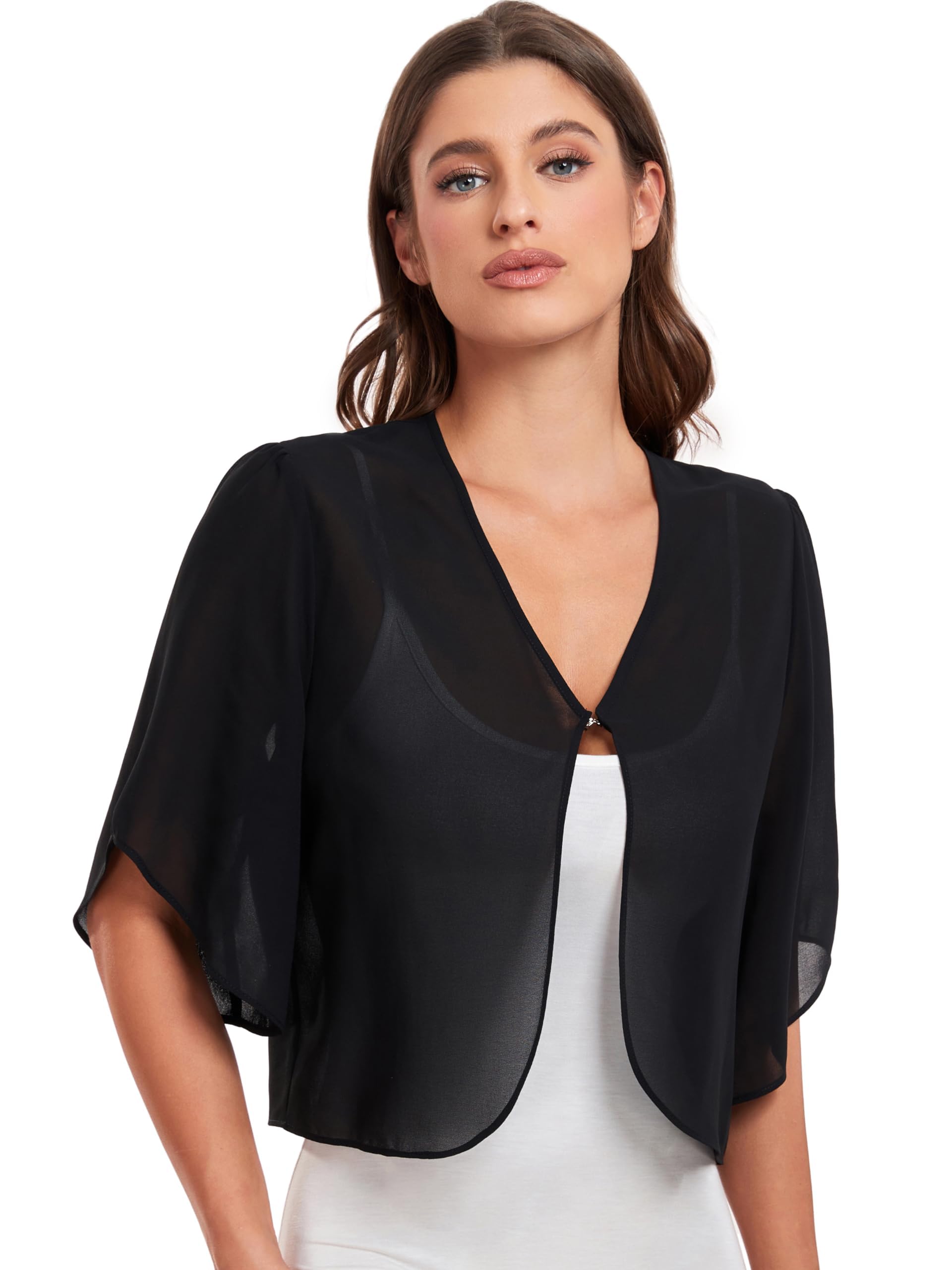 SURVODJA Womens Chiffon Cropped Cardigans Lightweight Sweaters Short Sleeve Bolero Shrugs for Dress, Black, Medium