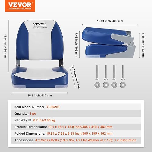 Miniatura 7 de VEVOR Asiento de barco, asiento de barco con respaldo bajo de 18.9 pulgadas, silla de barco plegable con acolchado de esponja gruesa y bisagra,