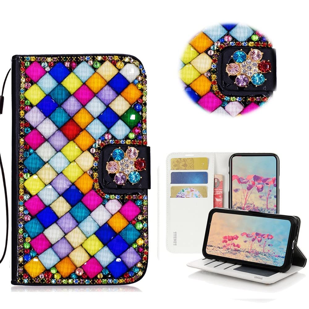 STENES Bling Wallet Phone Case Compatible with Umidigi A11 Case - Stylish - 3D Handmade Square Lattice Bowknot Magnetic Wallet Stand Girls Women Leather Cover - Deep Multicolor