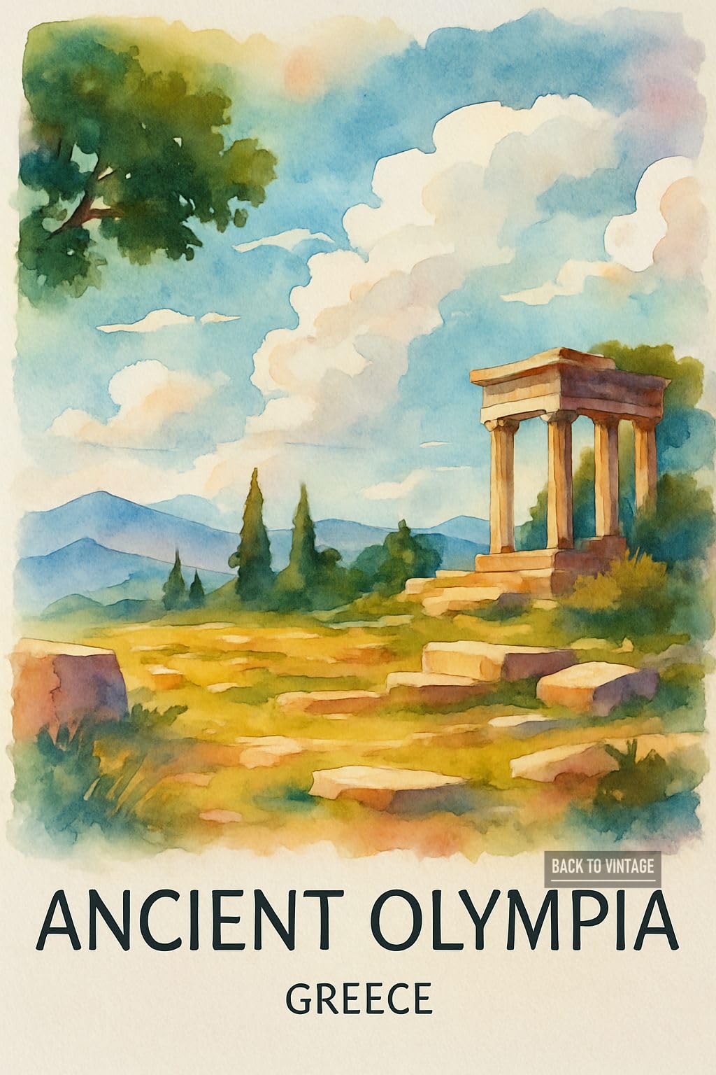 BACK TO VINTAGE Ancient Olympia Greece - A4 Travel City Poster Wall Art Home Decor Art Print with Iconic Landmarks and Global Views for Culture Inspired