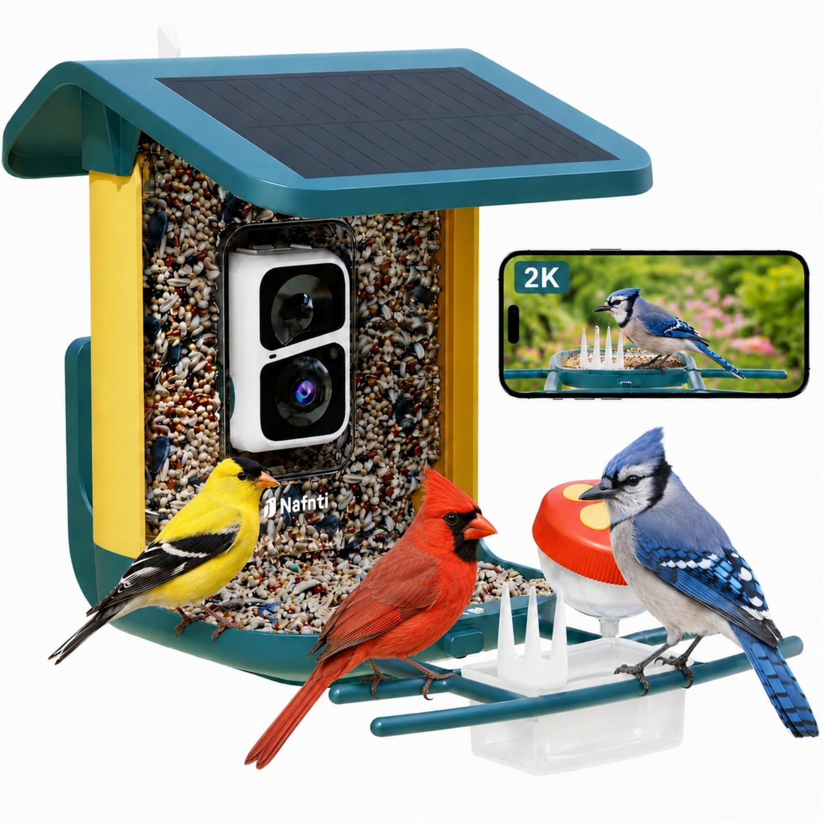 Comedero para pájaros con cámara alimentada por energía solar, 2K HD Live, AI Bird ID 1.8L