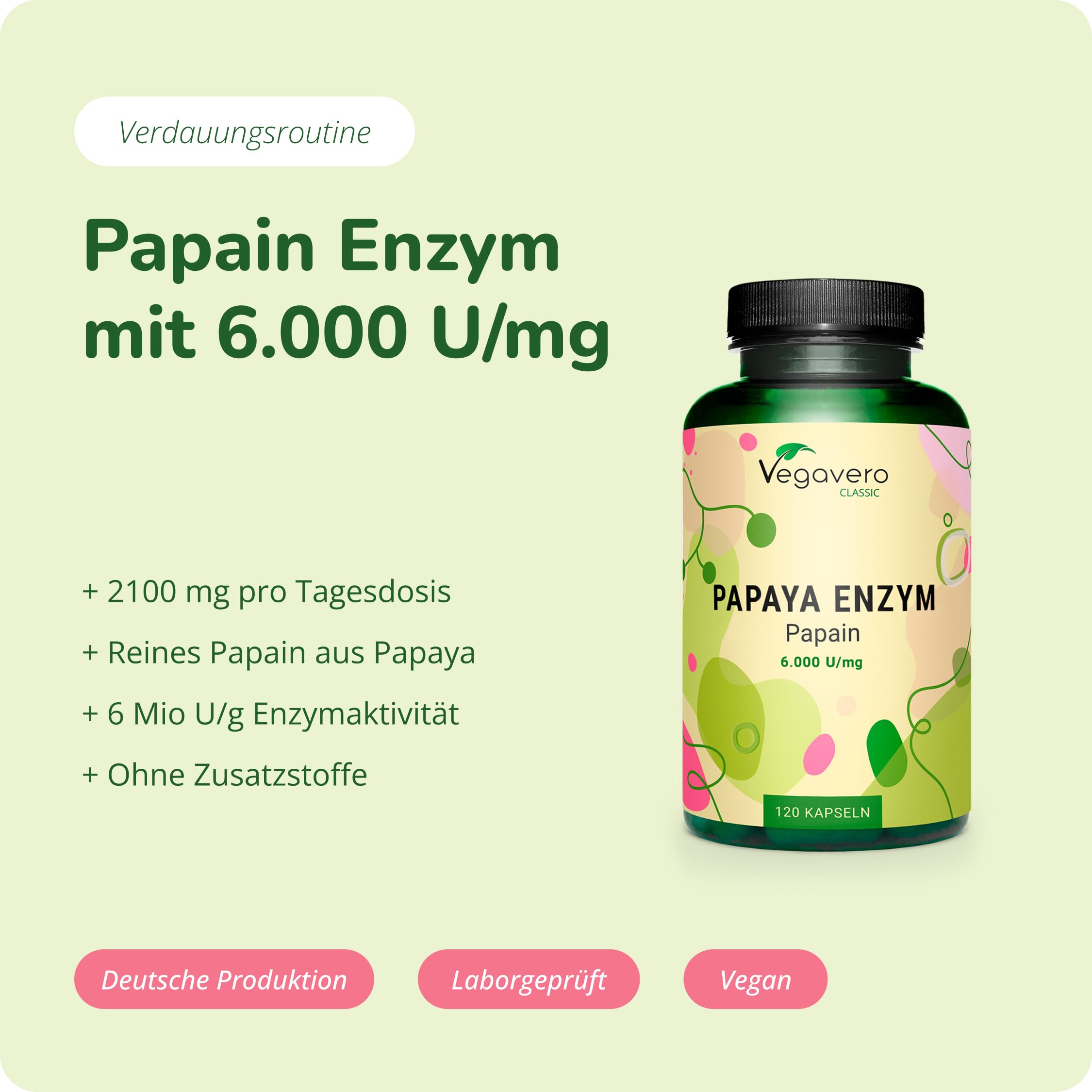 Papaya Enzym Vegavero | Geruchlos | Hochdosiert: 2.100 mg reines Papain pro Tagesdosis | Hohe Enzymaktivität: 4.2 Mio U | Natürlich aus der Frucht| 120 Kapseln | Vegan & Ohne Zusätze