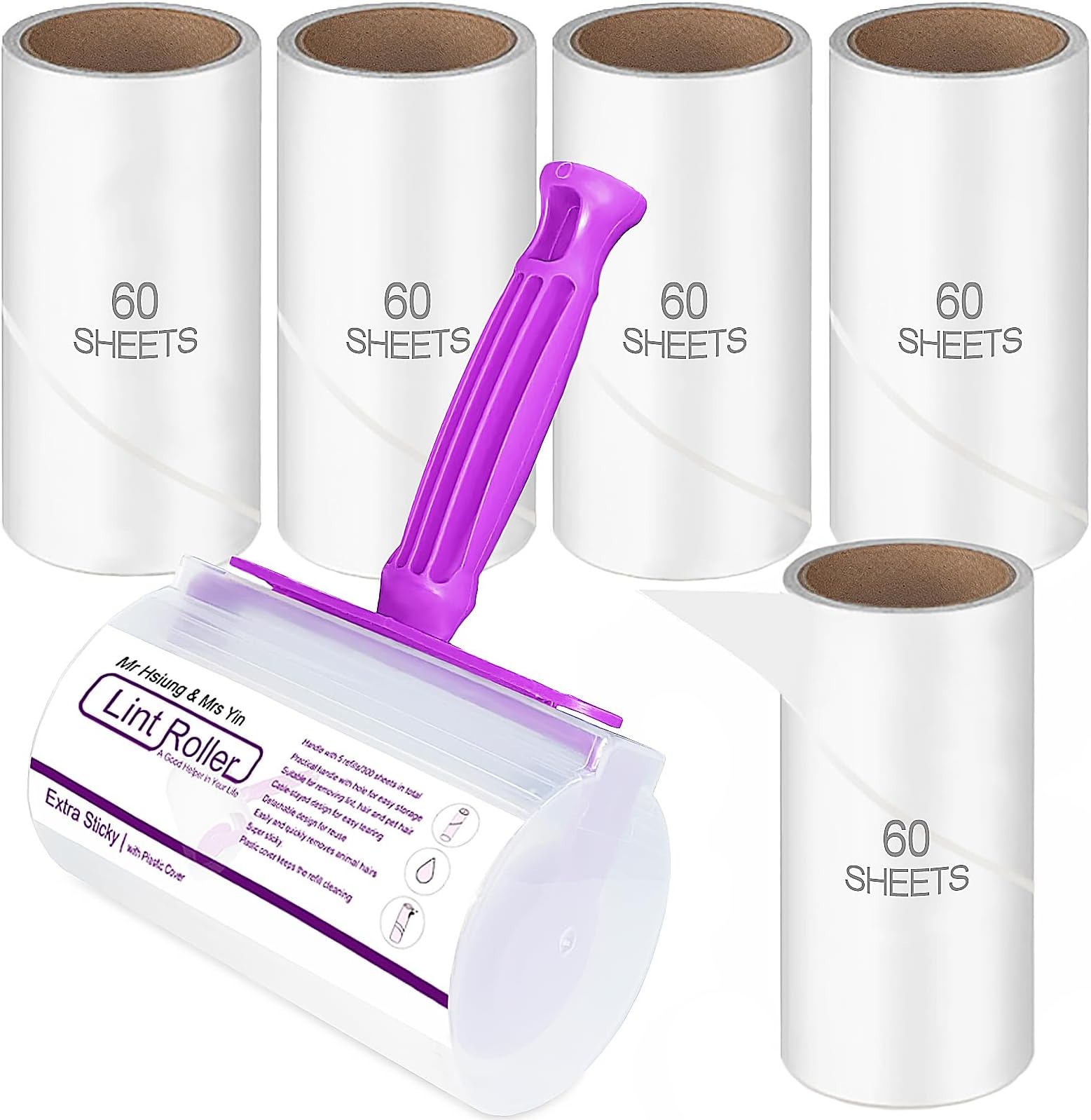 Lint Rollers for Pet Hair, Clothes Roller, Lint Roller for Clothes, Extra Sticky Lint Remover Brush, Pet Hair Remover, 1 Roller + 5 Refills, 300 Sheets Total