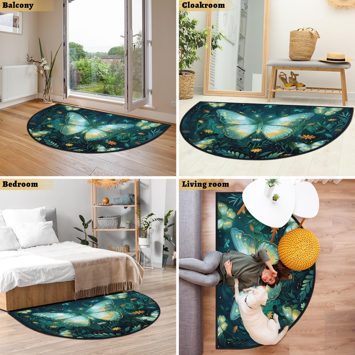 Mexpekil Paillasson demi-rond en forme de demi-lune pour intérieur et extérieur - Lavable - Absorbant la saleté - Motif papillons - 100 x 160 cm
