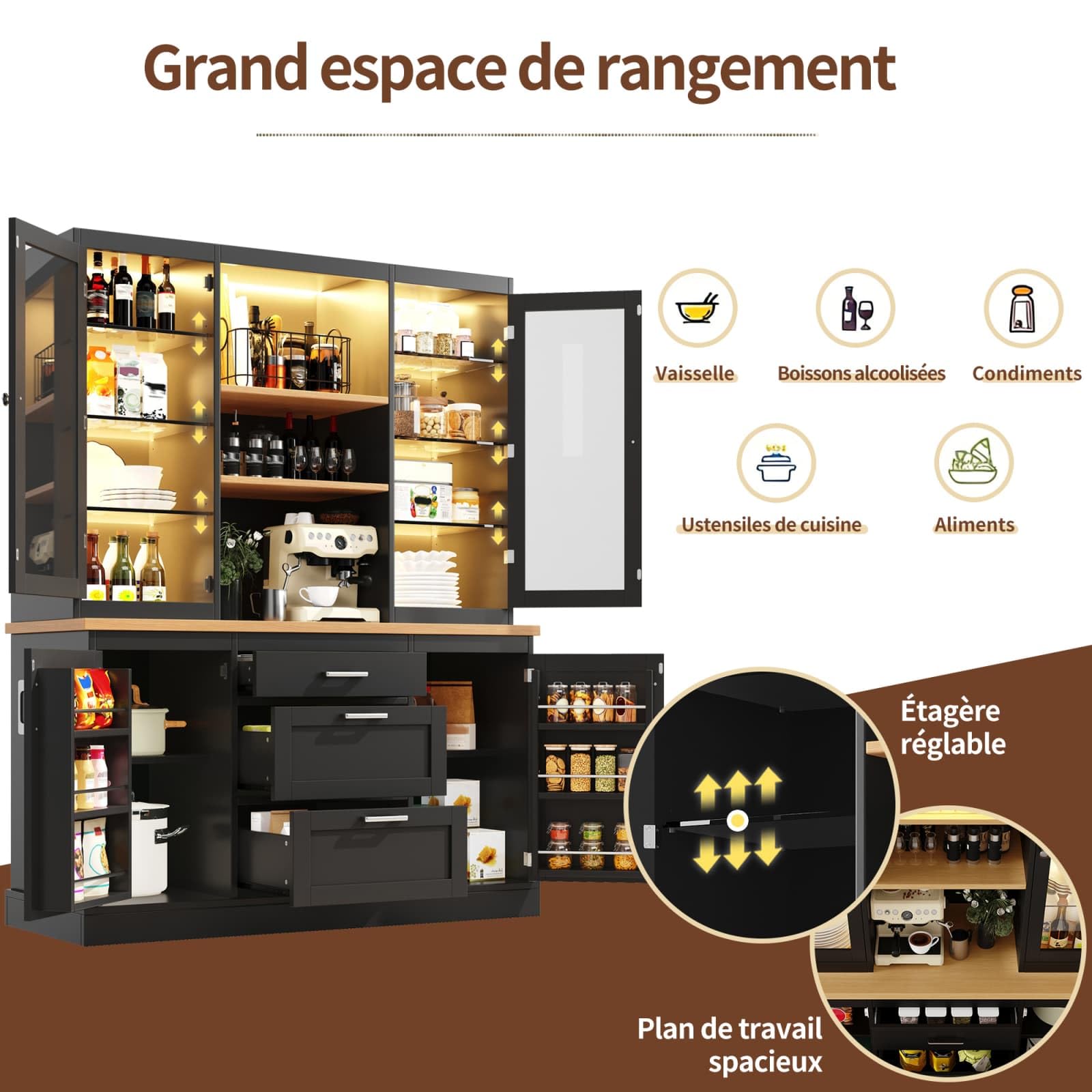 Sweiko Armoire de Cuisine avec Plan de Travail, 3 Tiroirs, Buffet avec Étagères Réglables, 2 Portes vitrées, Meuble de Rangement pour Cuisine, Salle à Manger, Salon