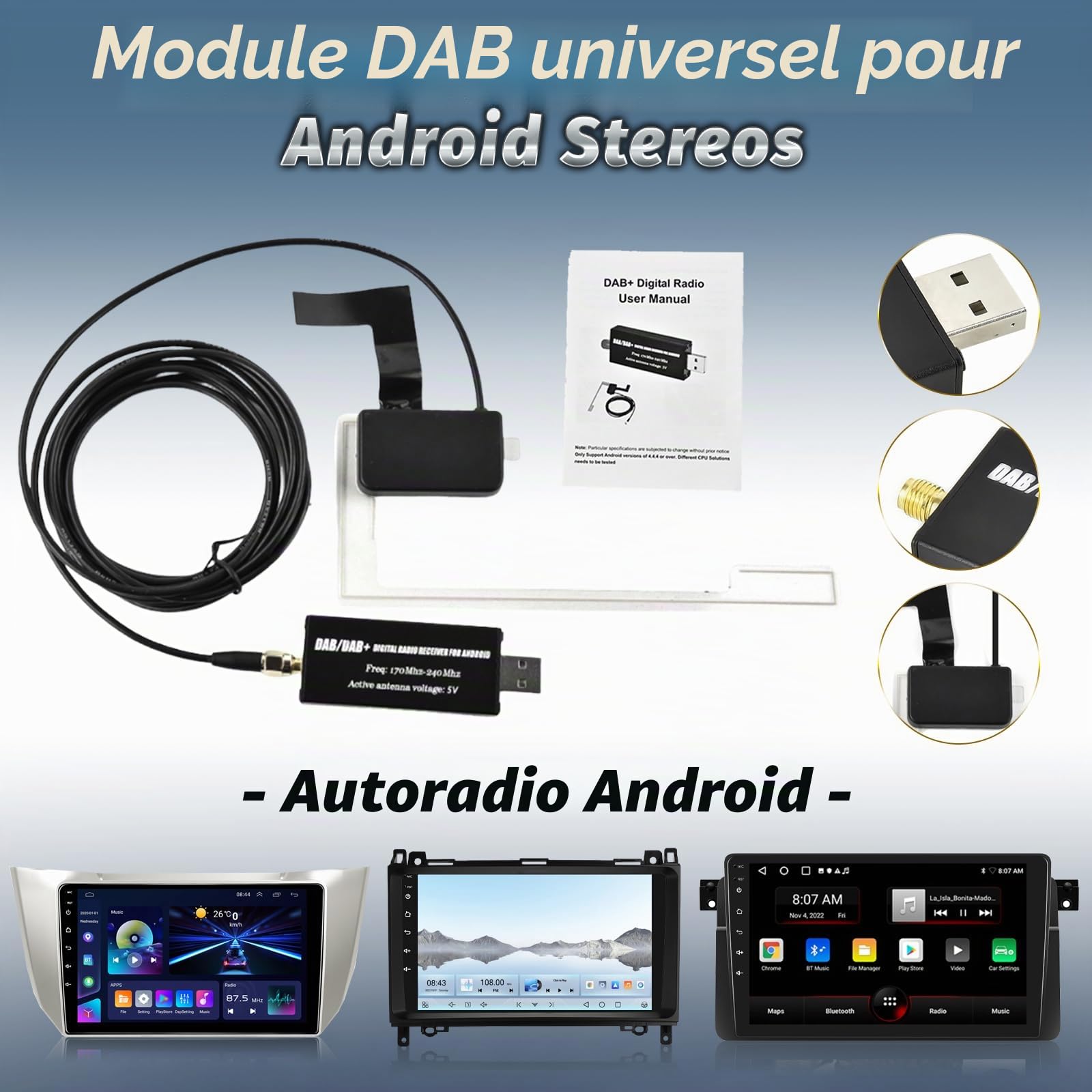 Adaptateur Dab/Dab+ pour Autoradio Android, Récepteur Numérique USB avec Antenne Voiture, Tuner Boîtier Utilisant Une Application Dédiée, Installation Facile