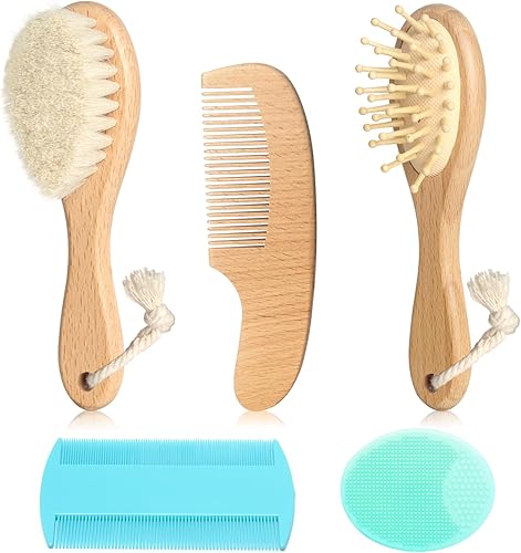Vista 14 de Juego de cepillos de pelo de cabra para bebé, peine de madera para masaje, peine de cuero cabelludo, kit de cuidado natural seguro para el cabello