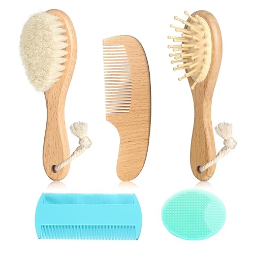 Goat Baby Hair Brush Set, Wooden Comb Massage Scalp Comb, Safe Natural Hair Care Kit, Soft Silicone Bath Brush for Newborns Toddlers (Brush Set+ Green Massager) - Group 1 - Brush Set+ Green Massager