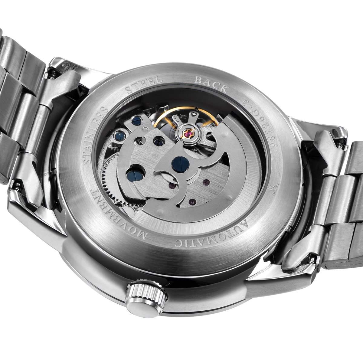 Alienwork IK Reloj Automático Hombre Mujer Plateado Pulsera de Metal Acero Azul Esqueleto