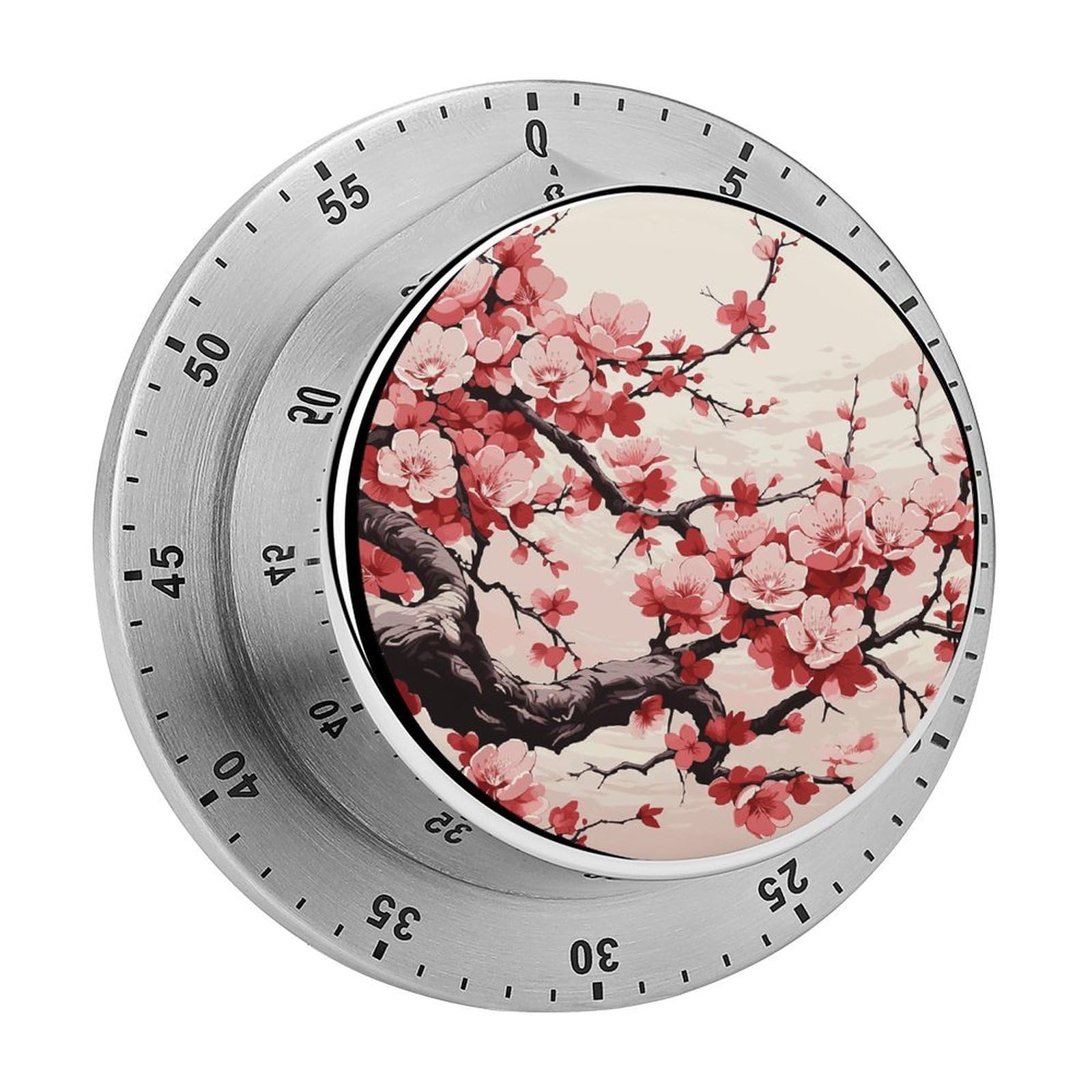 Japanese Floral Cherry Blossom Kitchen Timer for Cooking Chef Cooking Magnetic Timer Loud Alarm Mechanical Desk Stainless Countdown Reminder