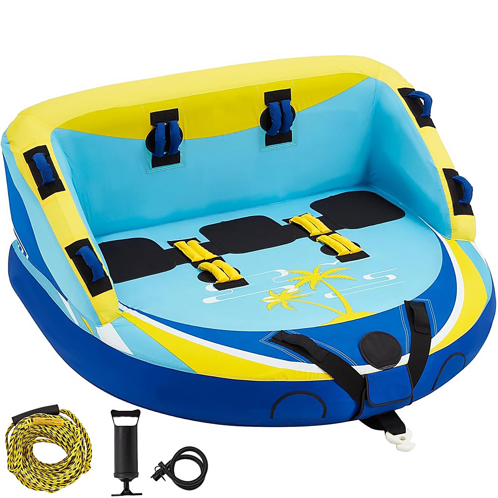 3 Person Towable Tube for Boating, Inflatable Water Sports Towables for Boats to Pull 1-3 Rider, Sofa Style Boat Tube with Dual Front and Back Tow Points, Including Nylon Tow Rope and Air Pump