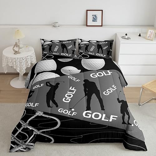 Erosebridal Juego de ropa de cama de golf para niños, juego de edredón deportivo para niños, color gris y negro, ropa de cama de jugador de golf
