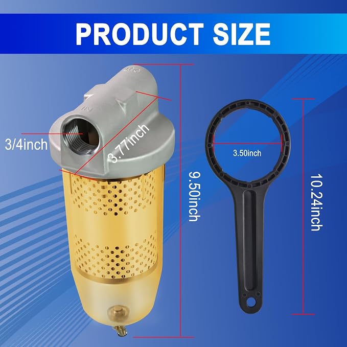 3/4" NPT Tapón Superior 495 Tazón Repuesto para Tanque de Combustible con Filtro de Separación de Agua de 10 Micrones y Llave miniatura 6