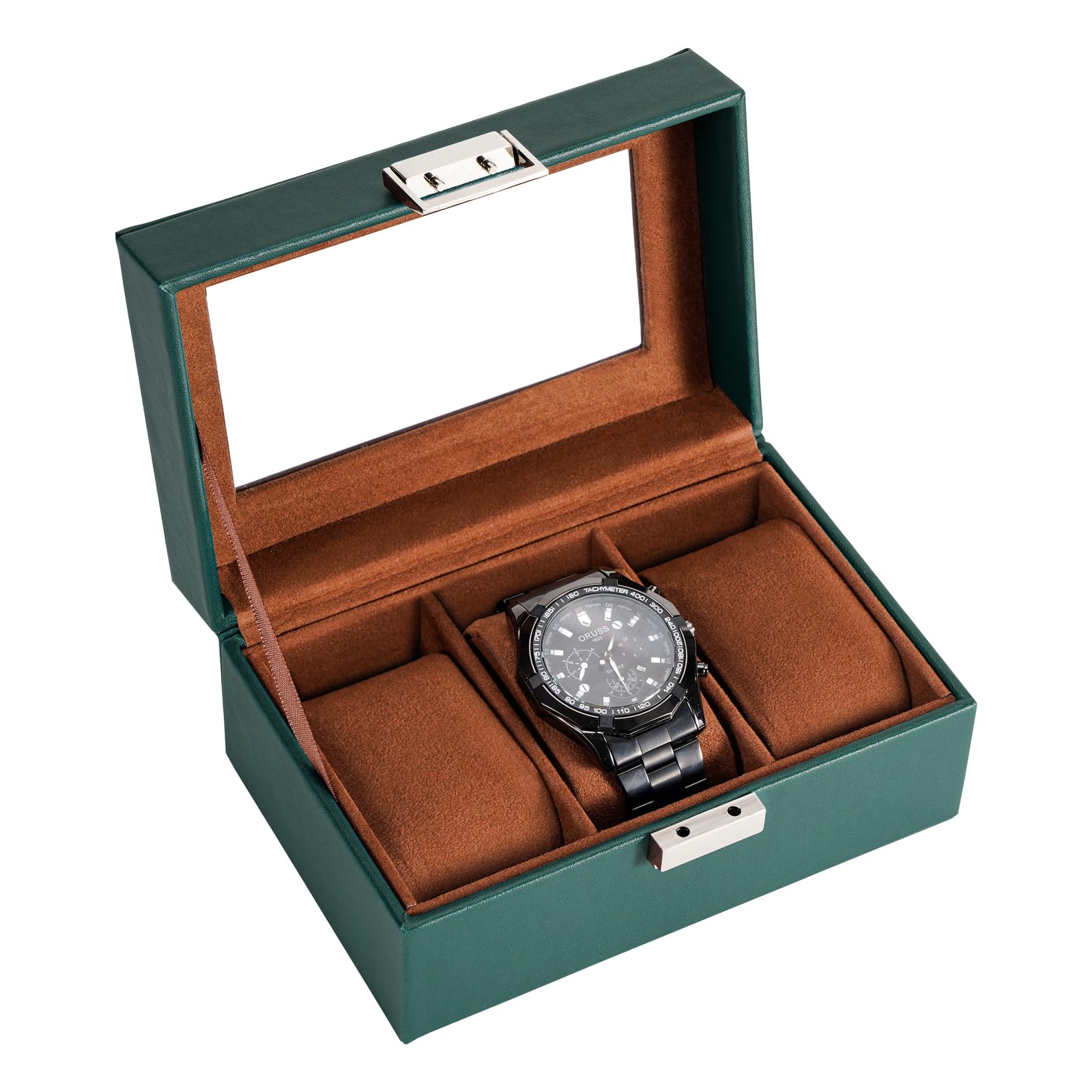 HVMBEUGOS Men's Watch Box Organizer - 3 Slot Watch Display Case with Glass Lid - Midnight Green