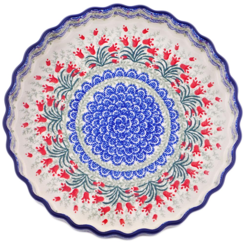 Authentic Polish Pottery Fluted Pie Dish in Crimson Bells Design Handmade in Boles?awiec Poland by Ceramika Artystyczna + Certificate of Authenticity