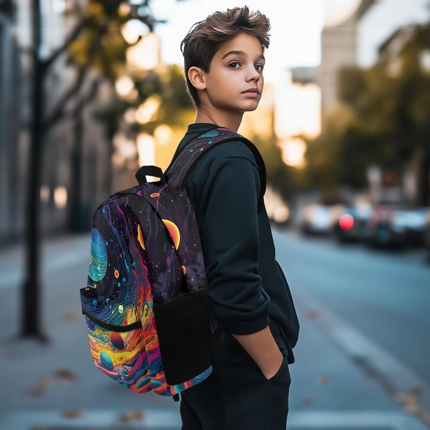 Space Backpack for Boys Painting Style Large Capacity Bookbag with Padded Straps Teens Lightweight Breathable Travel Rucksack with Laptop Compartment