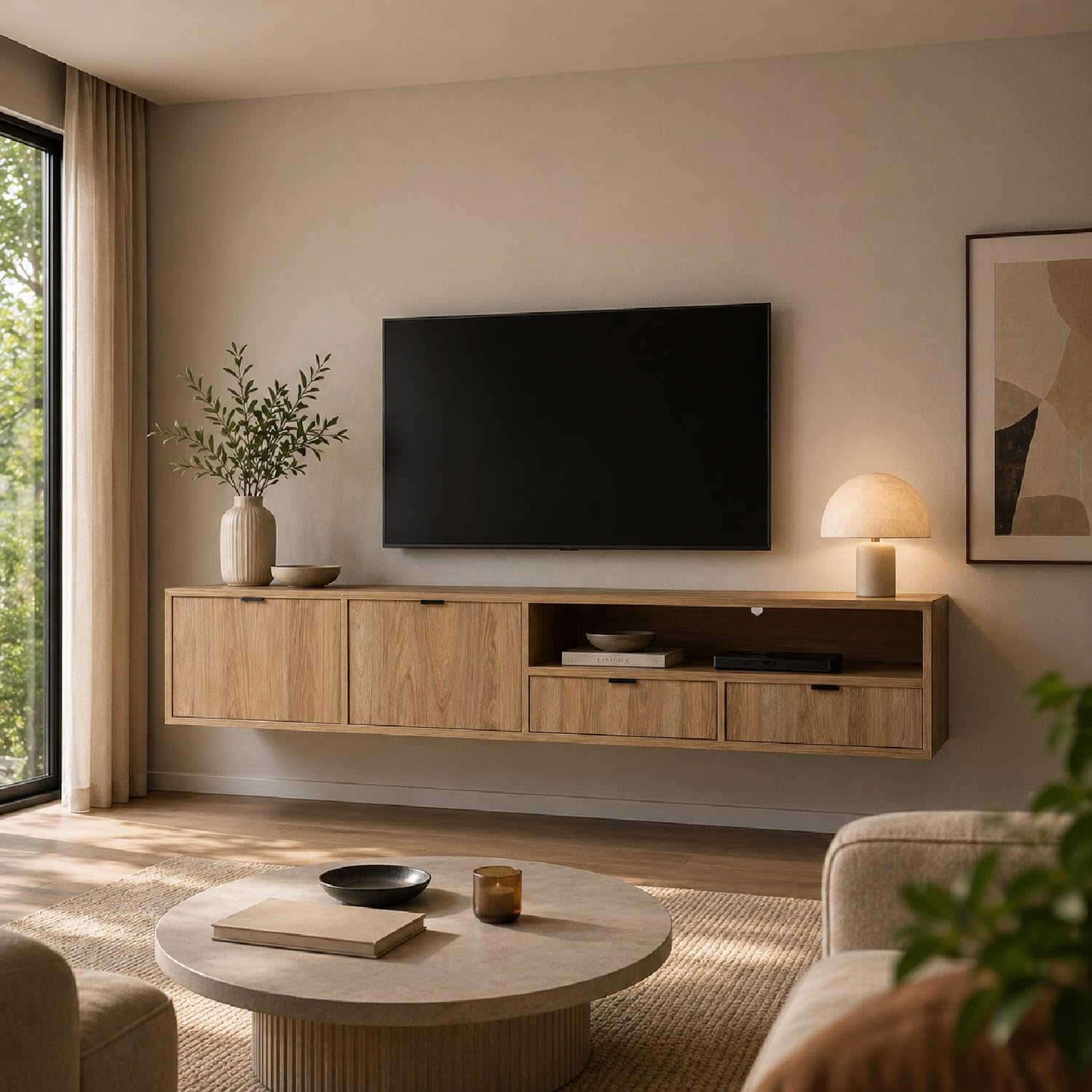 Arreditaly Mobile Porta TV Sospeso Moderno Con 2 Ante A Ribalta 2 Cassetti E Vano A Giorno Con Passacavo Per Soggiorno Salotto Zona Living Design Minimal Contemporaneo 200 X 55 X 40 Cm Rovere