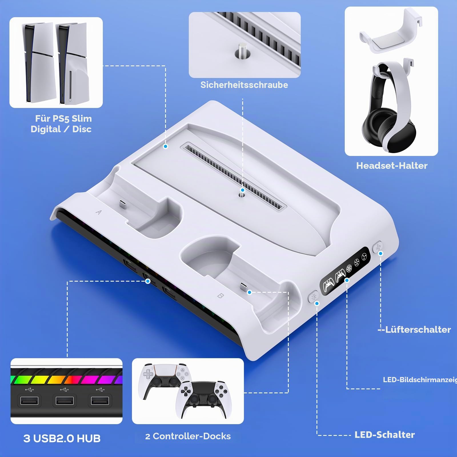 FYOUNG Vertikaler Standfuß für PS5 Slim Konsole mit Lüfter &Controller Ladestation, Multifunktionale Kühlung Ständer für PlayStation 5 Slim Zubehör mit 9RGB Licht (Nur für PS5 Slim)
