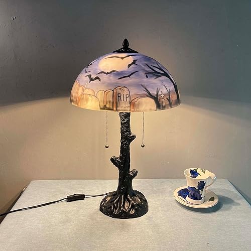 Miniatura 2 de Bieye L10973 Murciélagos volando sobre el cementerio en la noche de luna llena Lámpara de mesa de vidrio pintada a mano para decoración de Helloween