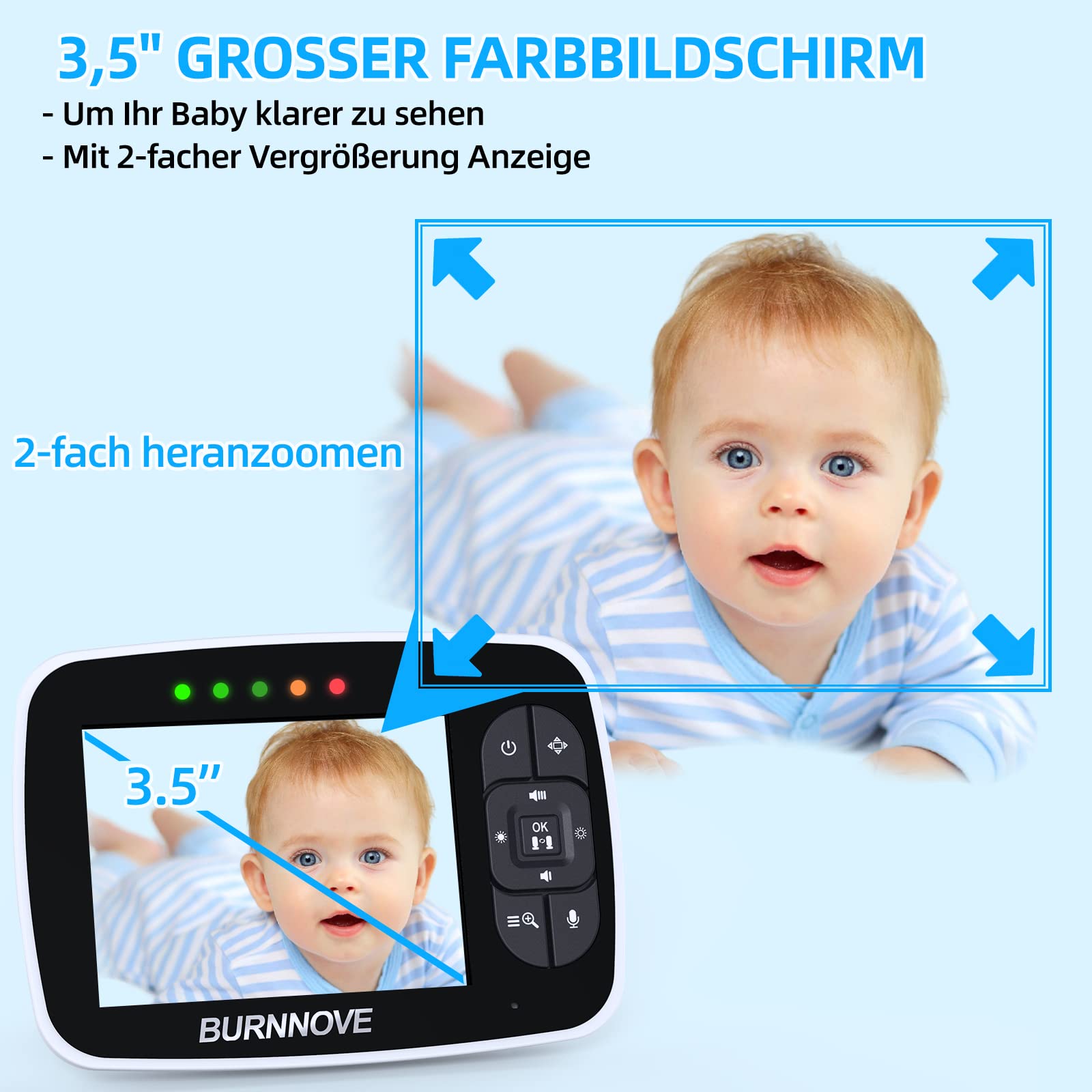 BURNNOVE Babyphone mit Kamera ohne WLAN, 3,5 Zoll, 355°/120°, 2X Zoom | Nachtsicht bis 5m, Gegensprechfunktion, Temperaturalarm, Schlaflieder, ECO-Modus, 2,4GHz FHSS, ohne App