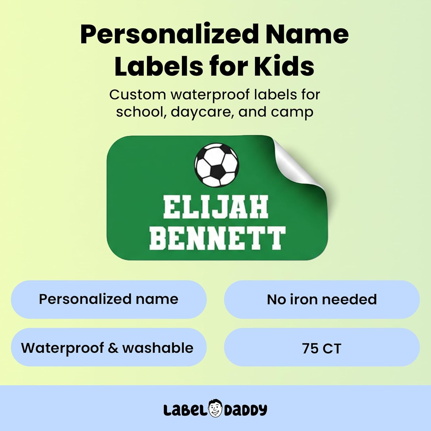Label Daddy – Custom Extra Small Sports Name Labels – Waterproof Personalized Labels for Shoes, Bottles, Lunch Boxes & School Supplies – Durable Peel-and-Stick Name Tags – Soccer Design - 75 Ct