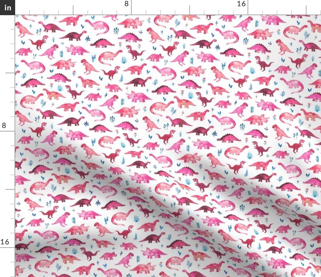 Spoonflower Fabric - Tiny Dinos Magenta Coral White Small Print Dinosaurs Watercolor Dino Printed on Petal Signature Cotton Fabric by The Yard - Sewing Quilting Apparel Crafts Decor
