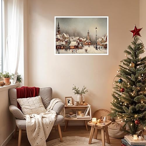 Miniatura 4 de Huabsad Lienzo vintage de Navidad para pared, estilo retro, del siglo XIX, nieve, invierno, aldea, paisaje, famosa, pintura al óleo, impresiones