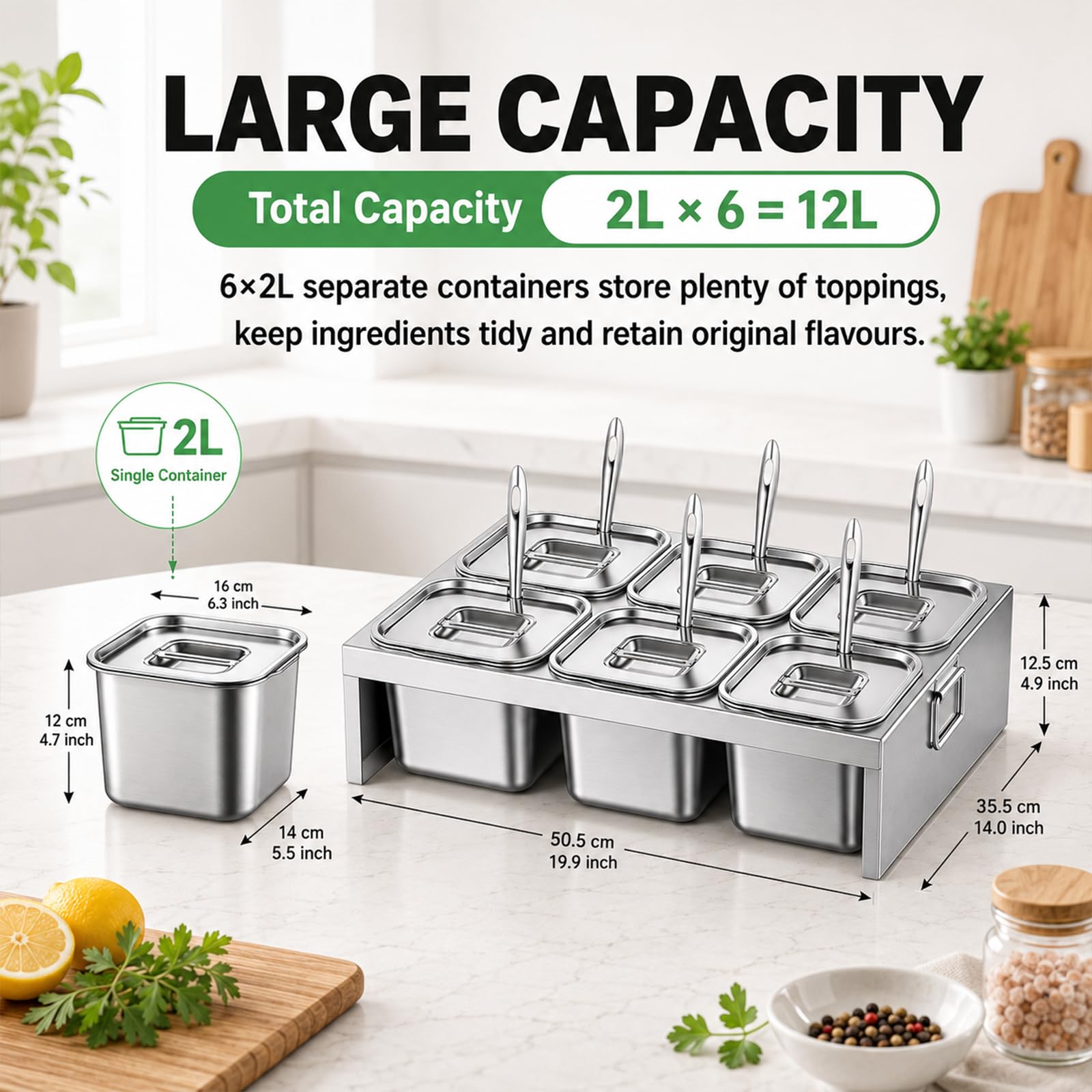 Contenitore Acciaio Inox per Alimenti 6 Pezzi da 2 L con Coperchi e Cucchiai – Cassetta Lievitazione Pizza per Condimenti, Salse e Verdure – Ideale per Cucina, Ristorante, Catering e Uso Outdoor