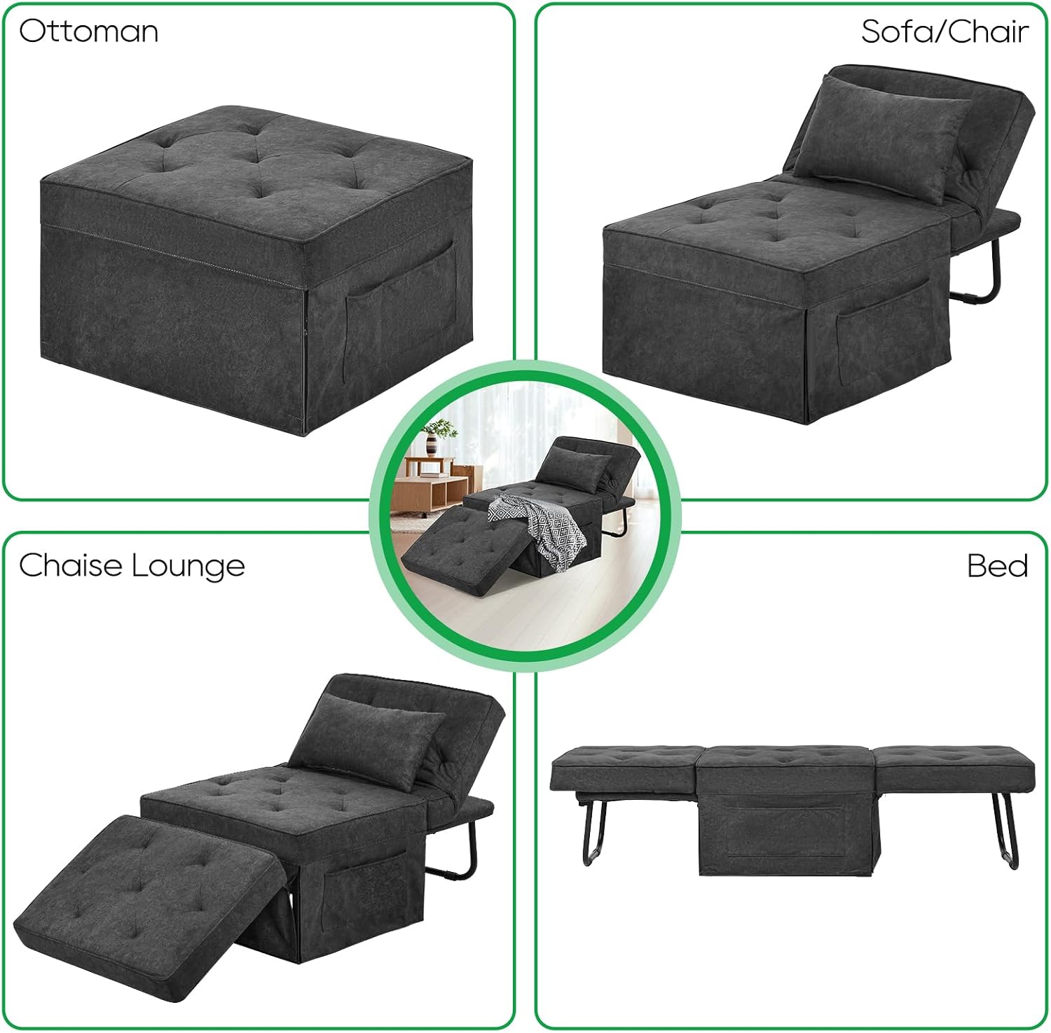 PORWEY Sleeper Chair Sofa Bed, 4-in-1 Convertible Futon Chair Multi-Function Couch Folding Ottoman with Adjustable Backrest for Living Room Apartment Office, No Assembly Required, 29” Width,Dark Gray