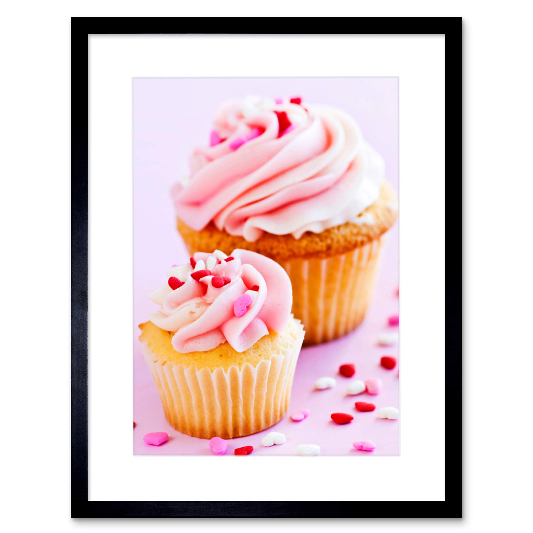 Wee Blue Coo PINK CUPCAKES BAKING FOOD KITCHEN BLACK FRAME FRAMED ART PRINT PICTURE B12X9074