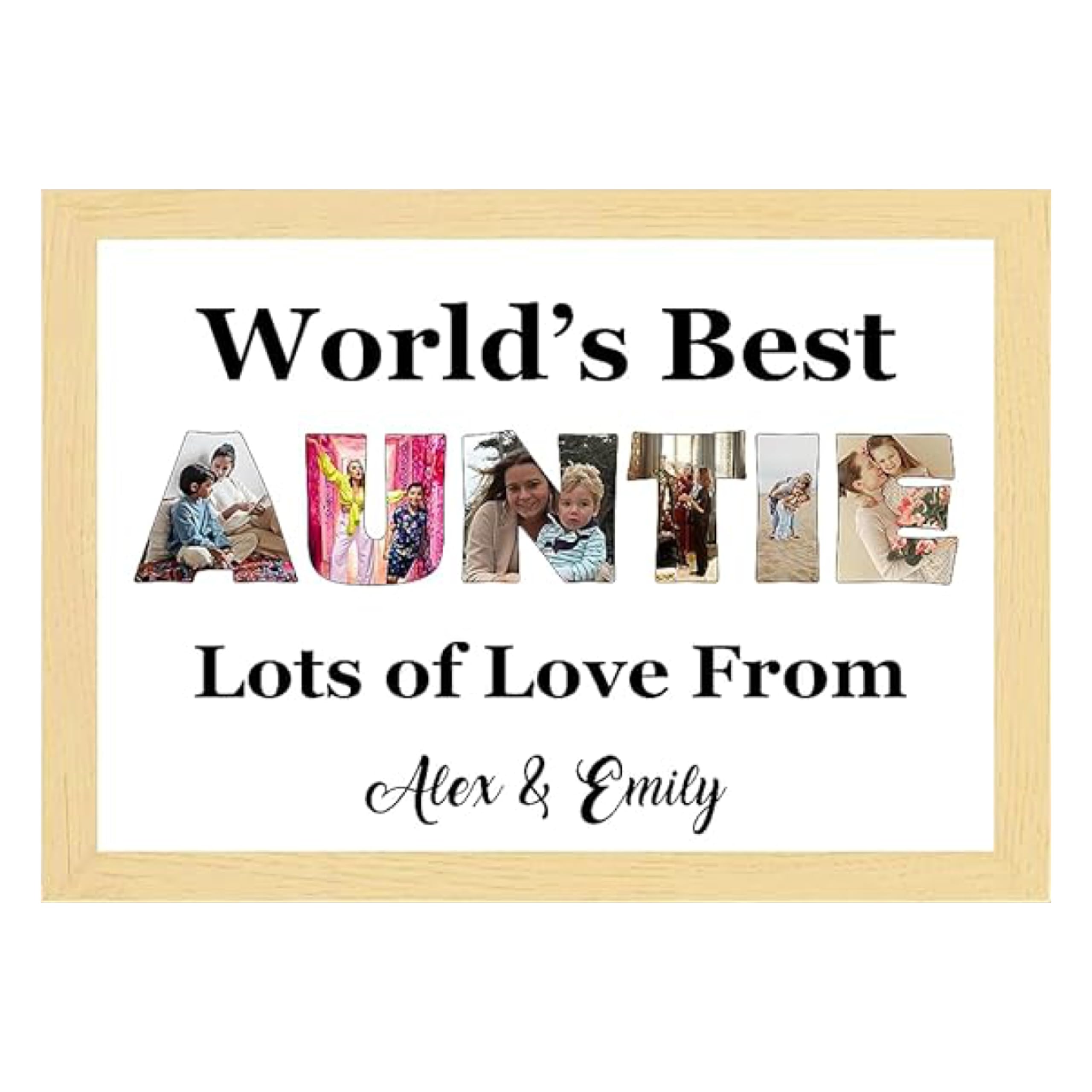 PB TECH Personalised Photo Frame A5, A4, A3 Custom Alphabet Picture Gift for Mum, Dad, Grandad, Son, Daughter, Sister, Brother, Mother’s & Father’s Day (Aunty, Oak, A4 Print Only - No Frame) — image 1