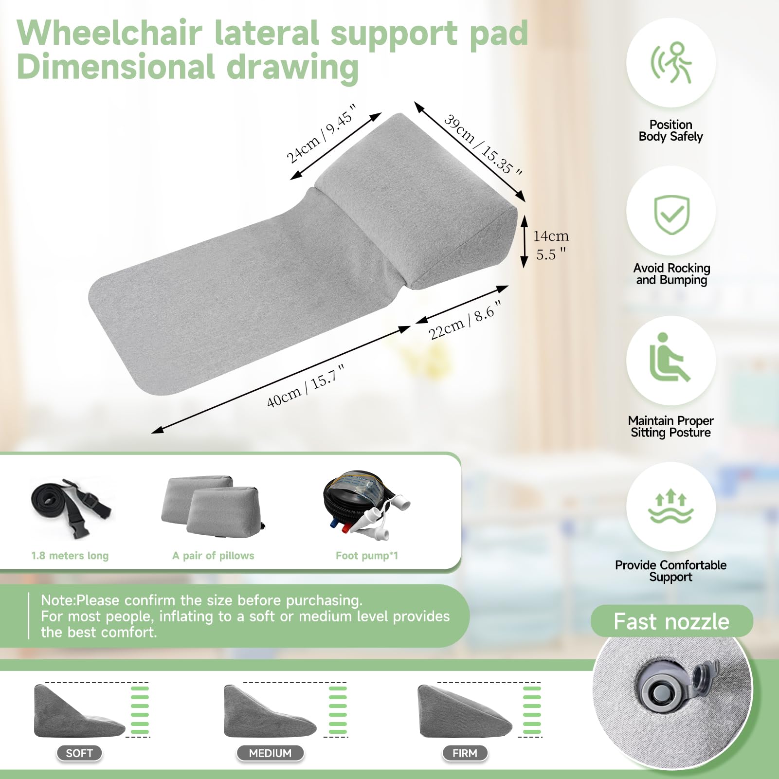 Soporte lateral inflable para protectores laterales de silla de ruedas, almohada de cuña de posicionamiento ajustable con funda extraíble, acolchado lateral para silla de ruedas, posicionadores de