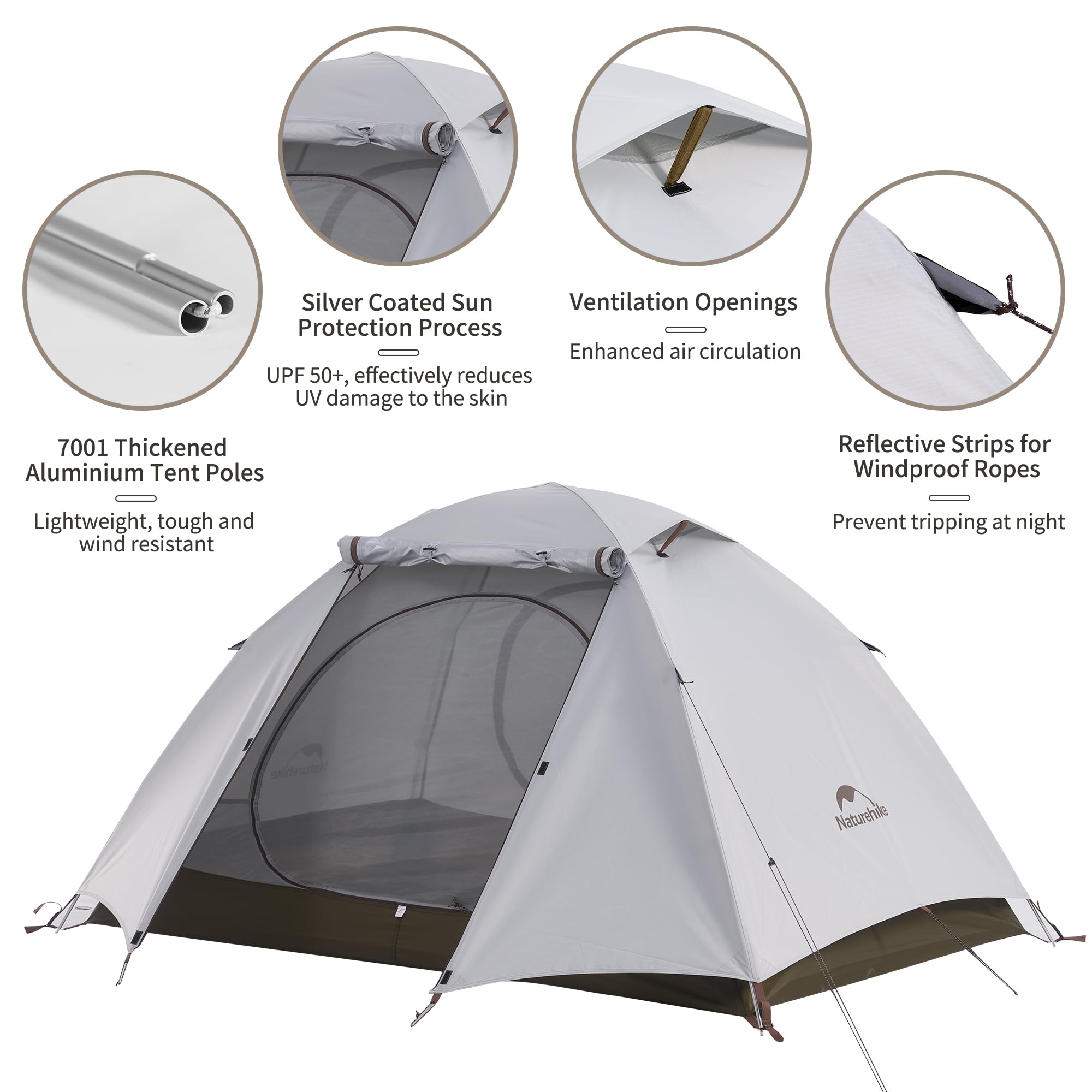 Naturehike Cloud Creek Tienda de campaña ultraligera 7001 para 2/3 personas, protección solar de aluminio y resistente al agua, para mochileros, senderismo, aventuras al aire libre (gris/2 personas)