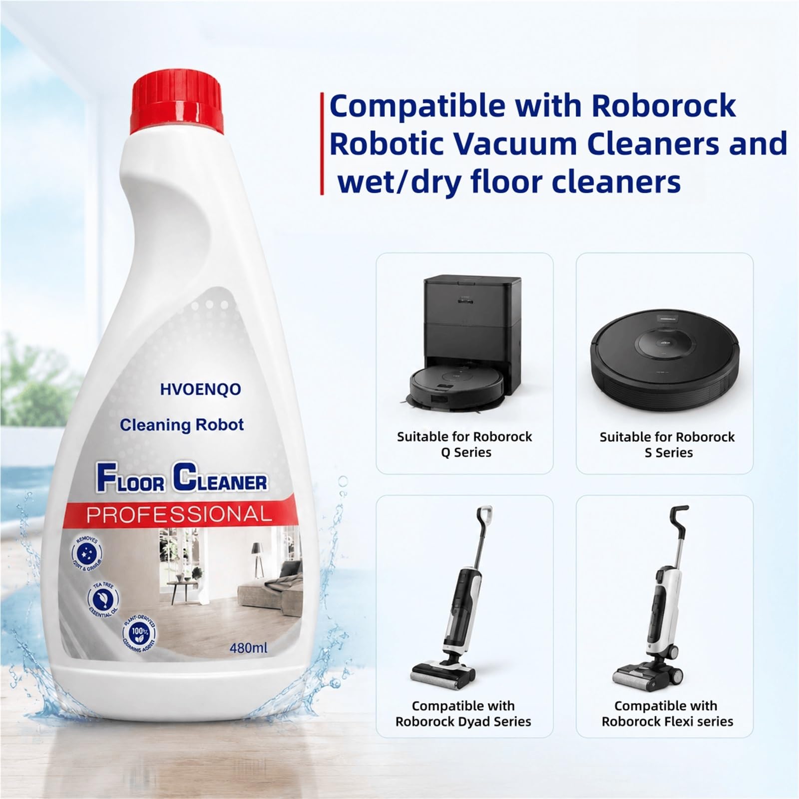 Líquido Limpiador for Pisos 480ml, Paquete De 4 Botella | Concentrado a Base de Plantas, Compatible con Roomba, con Función de Limpieza en Húmedo/Seco for Robot Aspirador