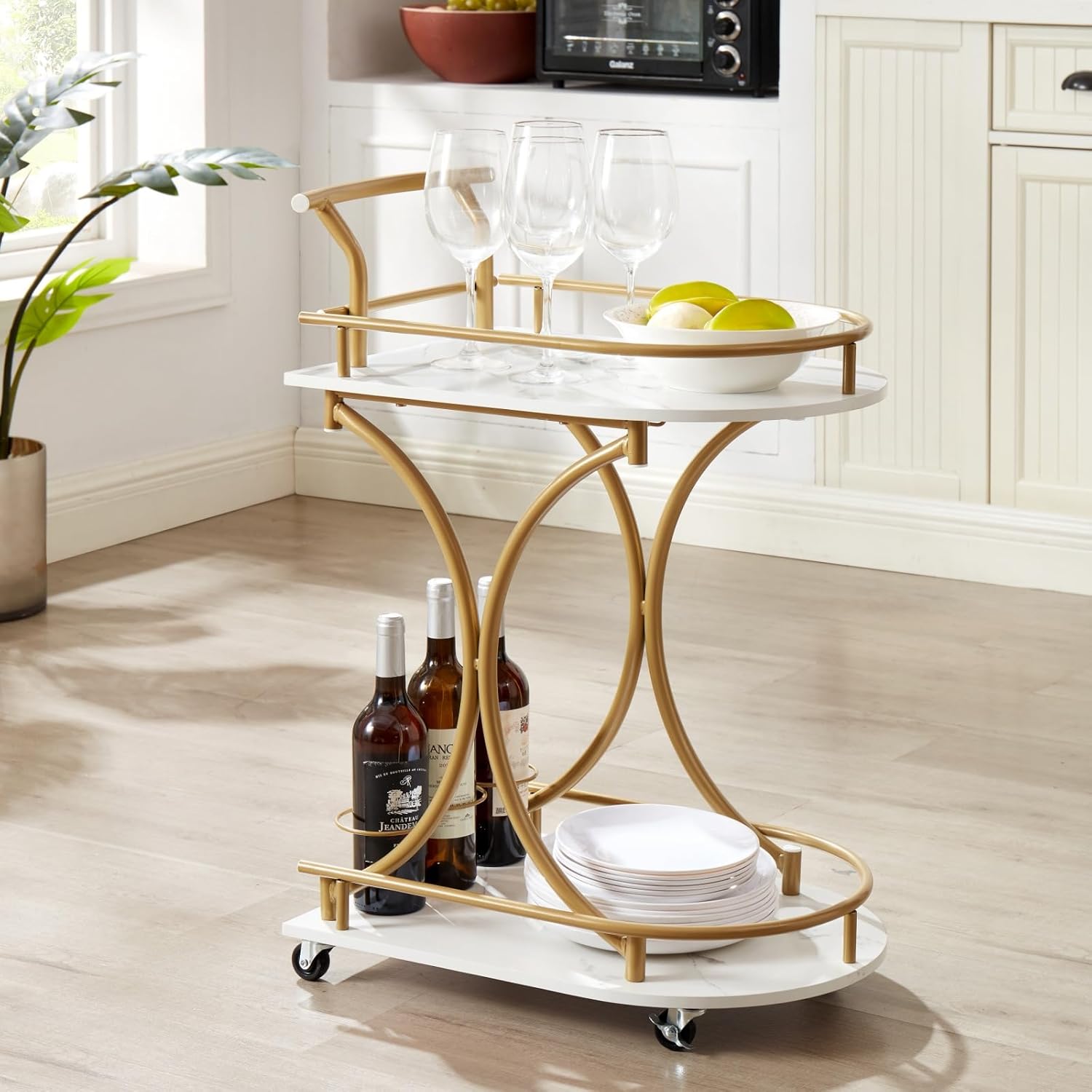 Bar Cart Gold and White, 2-Tier Rolling Wine Serving Cart with Handle, Metal Wine Rack and Casters, for Kitchen and Living Room,Christmas,New Year