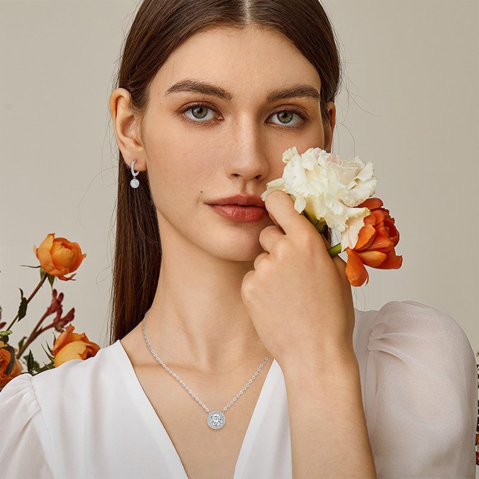 Moissanite Hängende Ohrringe Halo und Halskette Silber 925 für Damen 1 Karat Moissanite Diamant Kette und Moissanit Creolen mit Anhänger, Silber Schmuckset für Frauen Freundin