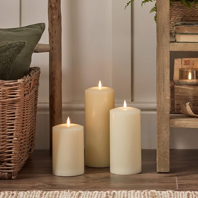 Lights4fun Set of 3 TruGlow® Battery LED Flameless Large Chapel Pillar Candles with Timer Real Ivory Wax
