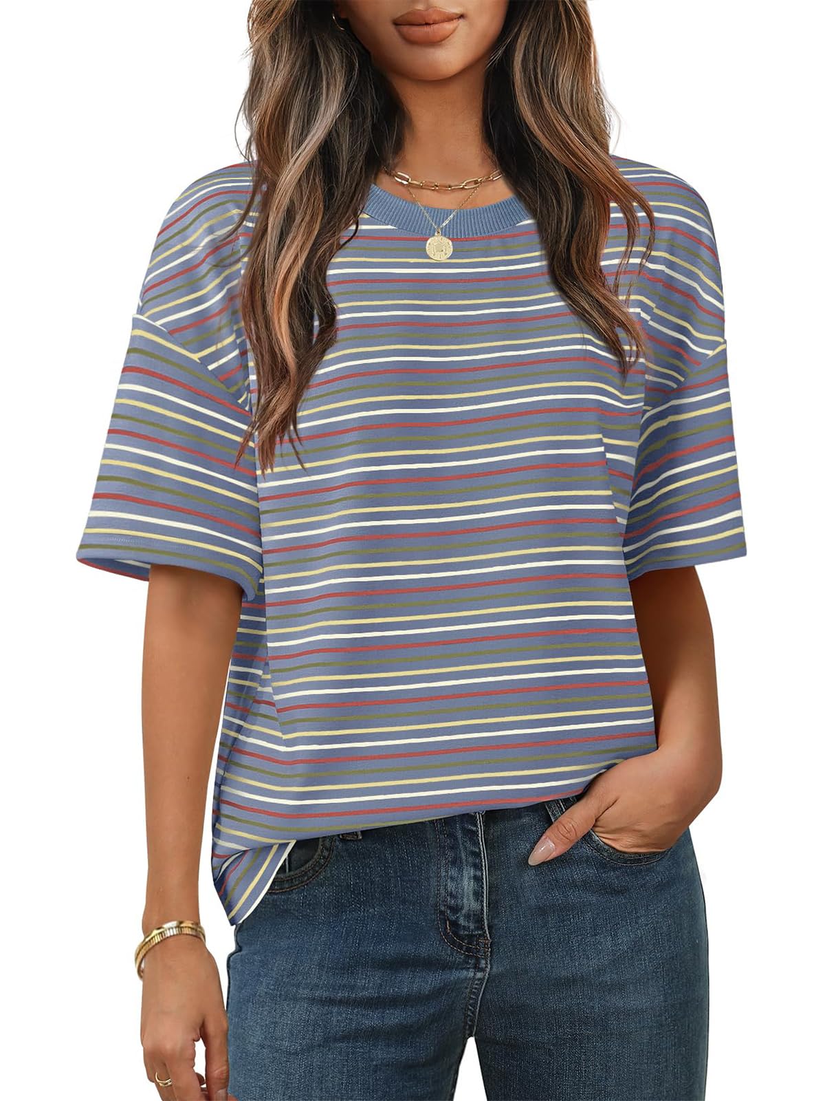 Cuptacc Tshirt Damen Rundhals Oversize Tunika Kurzarm Oberteile Damen Sommer Locker T Shirt Bunt Gestreiftes Elegant Top