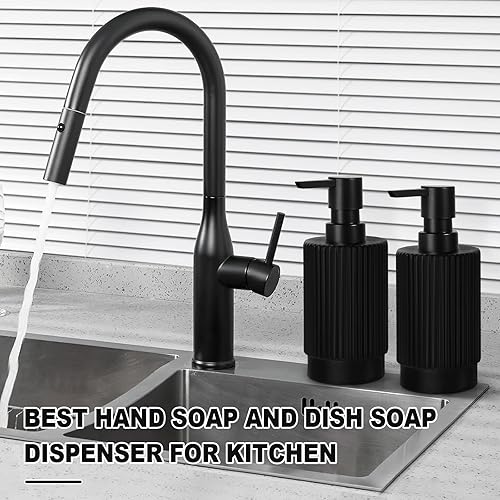 Miniatura 6 de Juego de 2 dispensadores de jabón para manos y platos para cocina, paquete de 2 dispensadores de jabón y loción de vidrio acanalado negro mate de 11