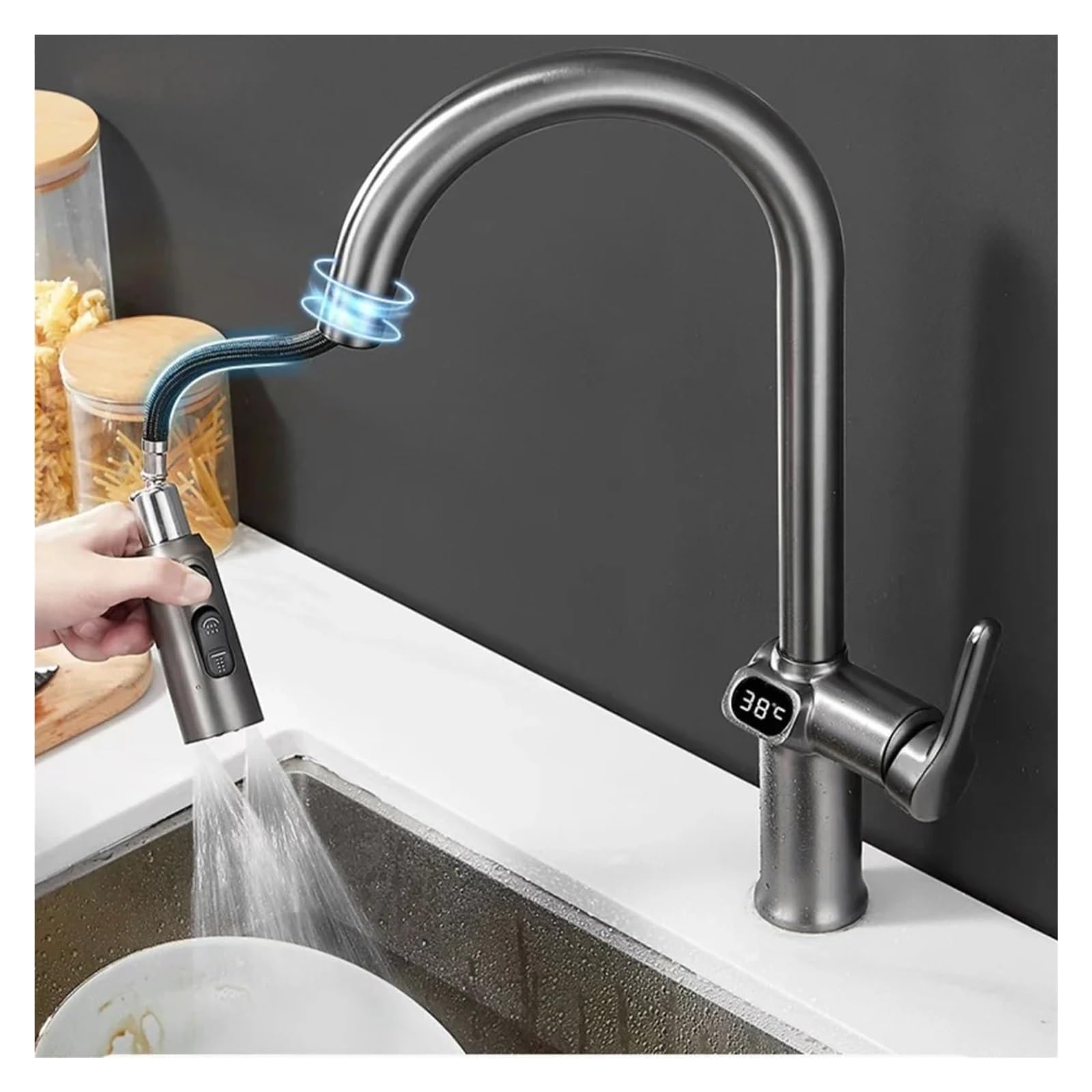 Grifo de cocina acero inoxidable cepillado digital, grifo lavabo giratorio extraíble, válvula mezcladora fría y caliente,Seguro y Confiable(Gun-Grey)